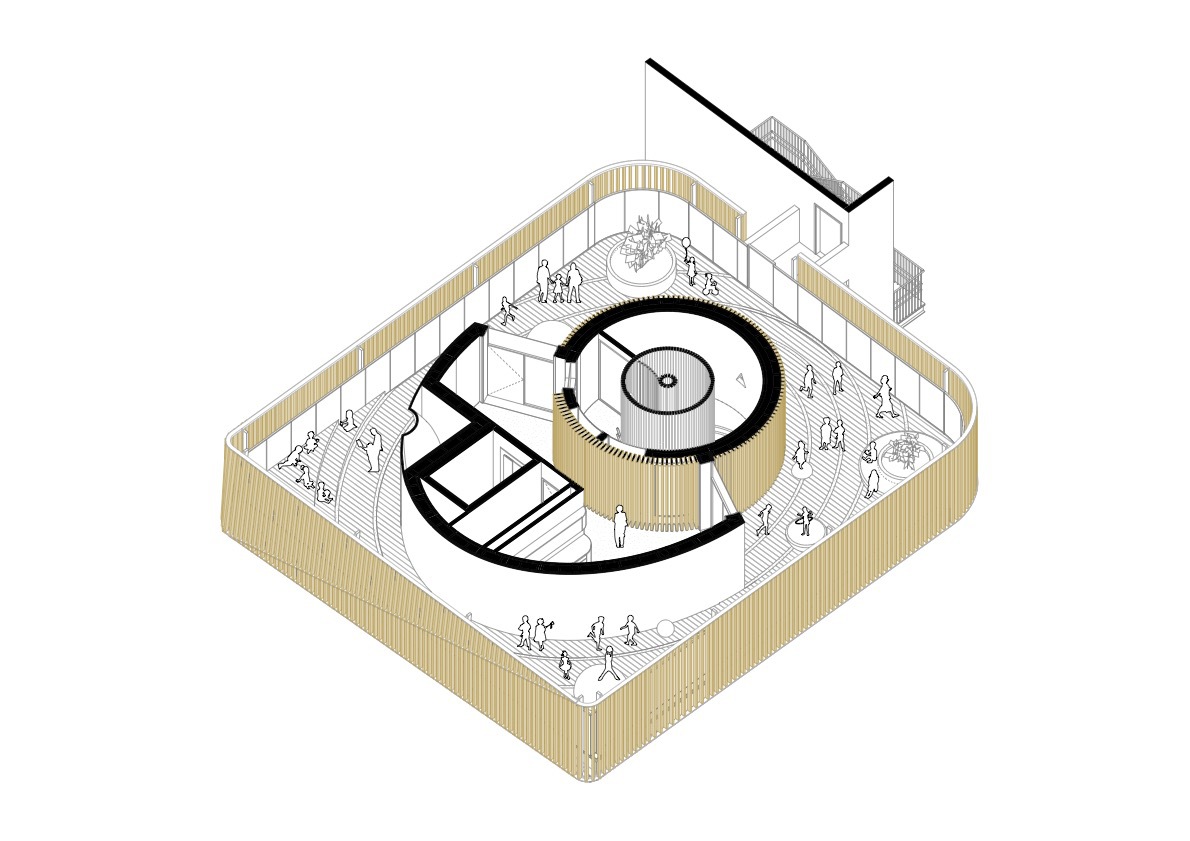 Axonometric drawing of the top level with a curving slatted screen, a timber-wrapped stair drum, planters and children on sloped paths