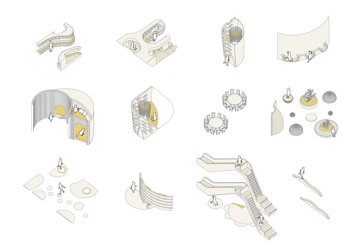 Axonometric drawing sheet of twelve small interior elements, including curved benches, a slatted round enclosure, round tables, an escalator-like stair and step