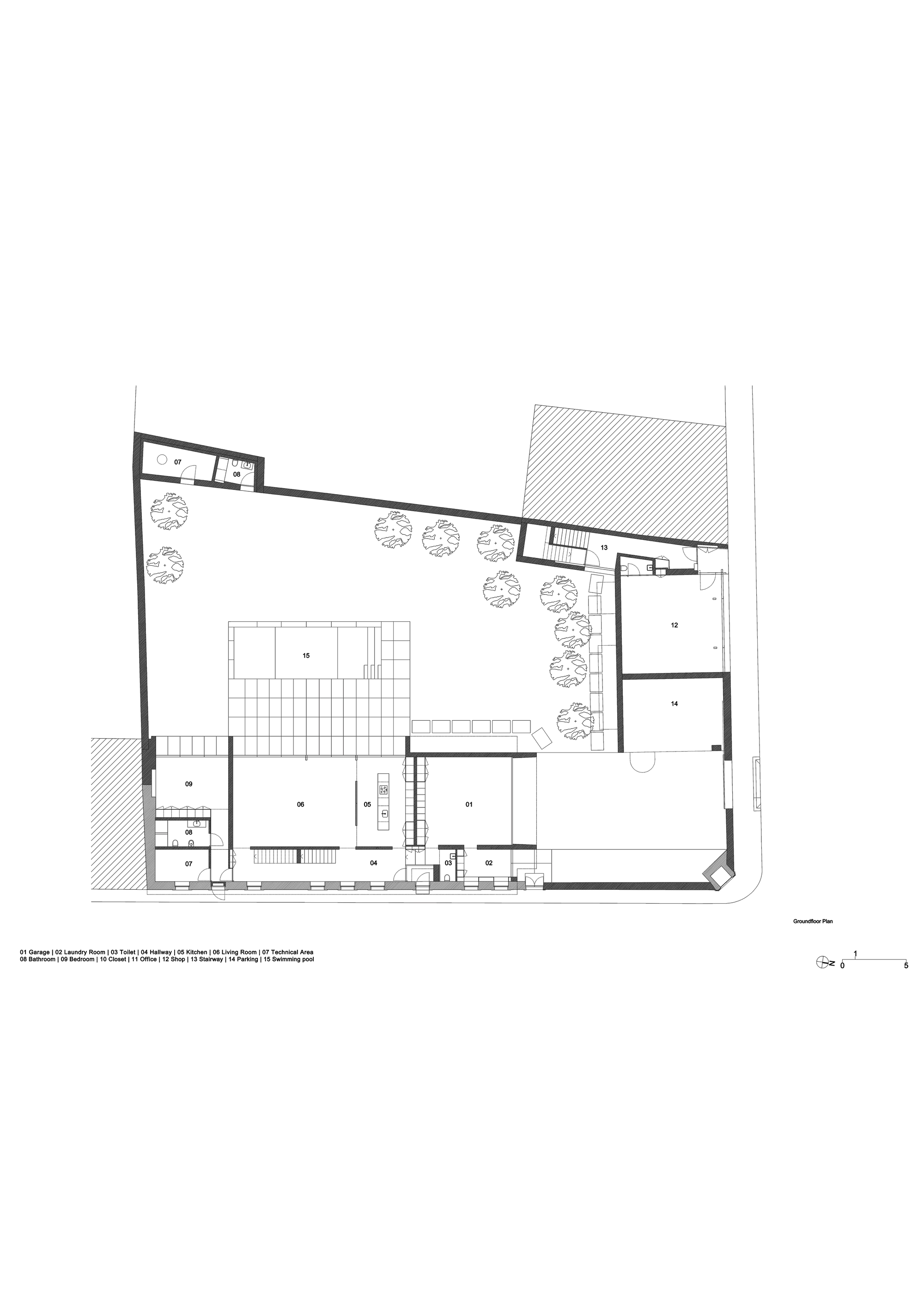 Ground floor plan drawing showing living spaces, garage and shop around a tree-planted courtyard with a swimming pool