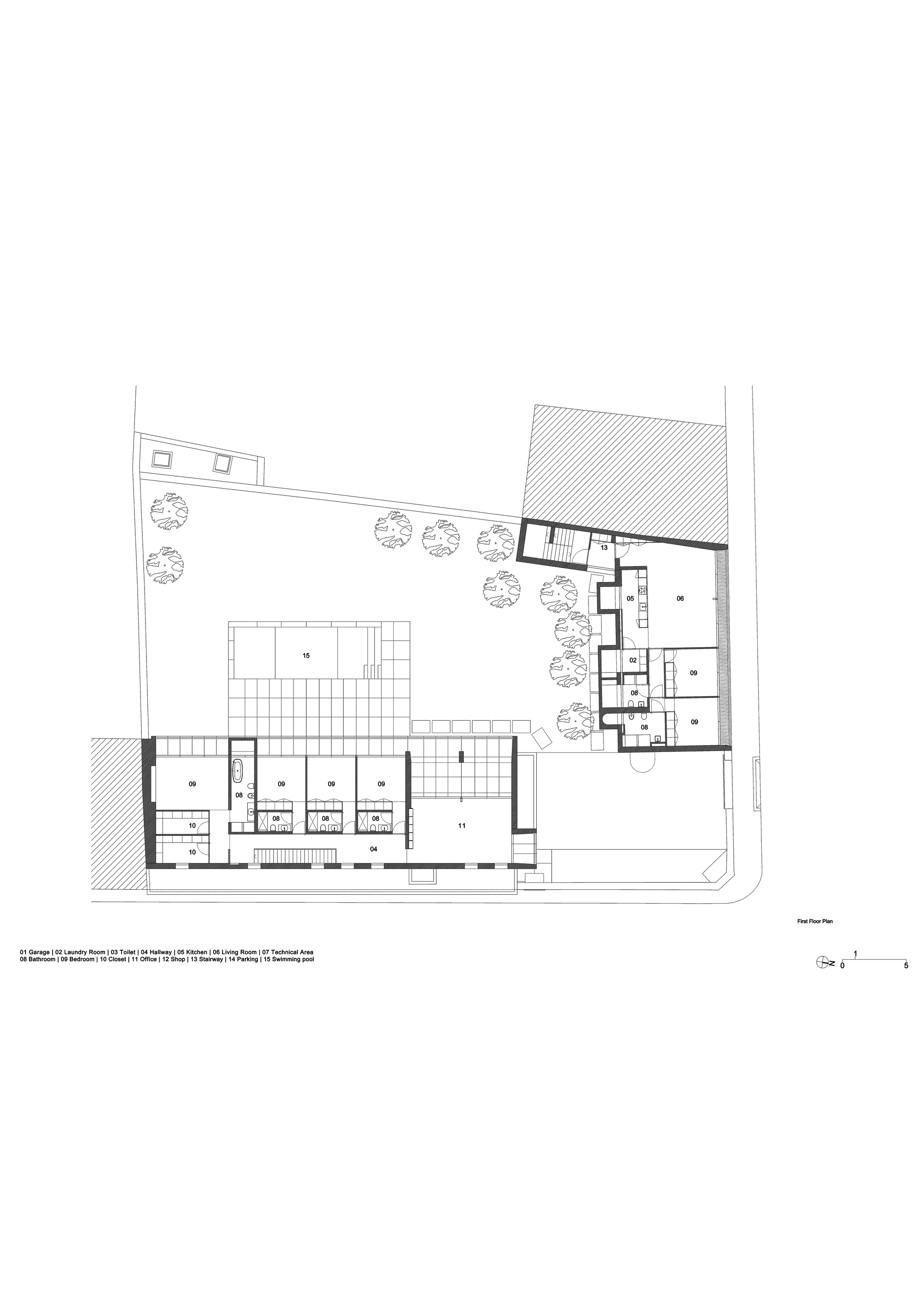 First floor plan drawing showing a row of bedrooms in the long wing and apartments in the corner block beside the courtyard
