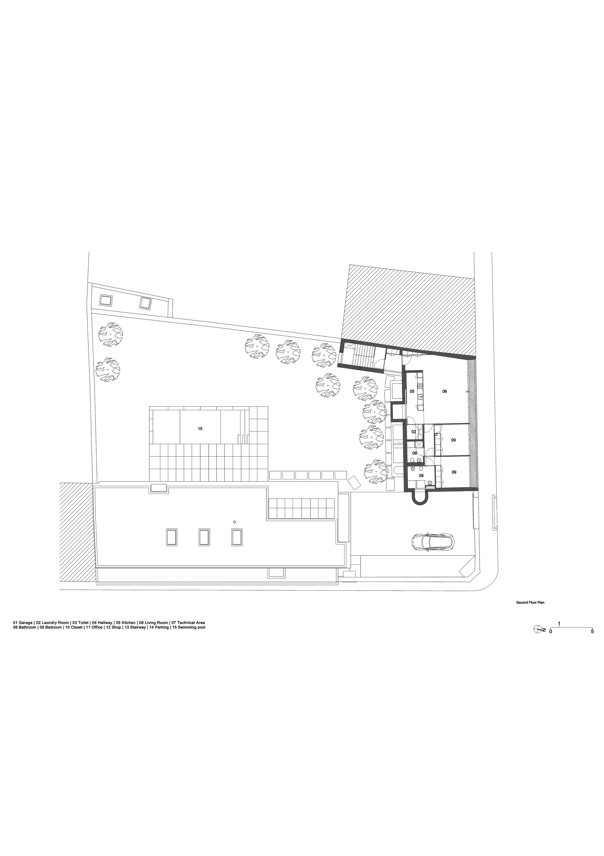 Second floor plan drawing showing the corner block rooms and a flat roof with three skylights, with a car parked at the entrance