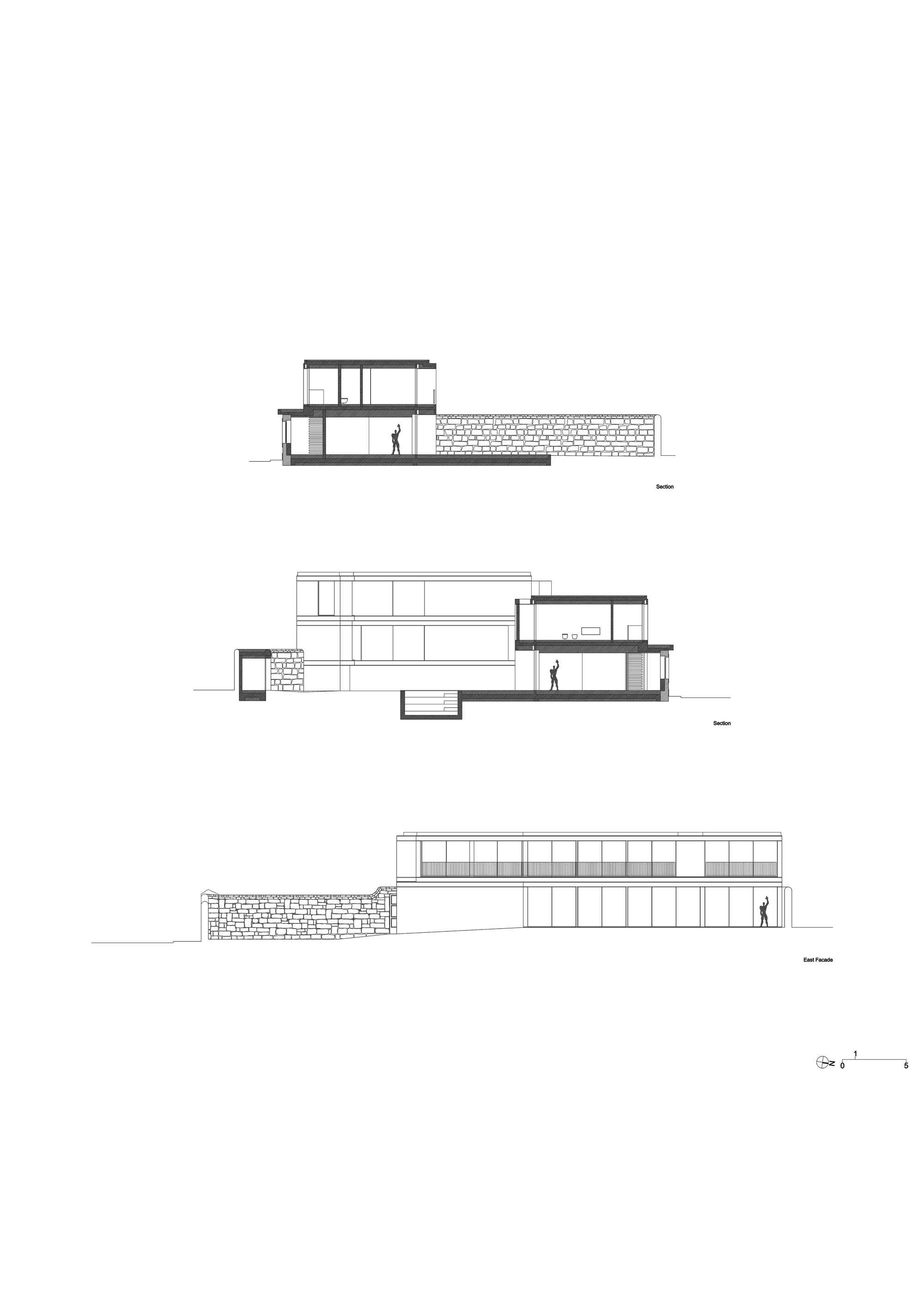 Two section drawings and an east facade elevation of a stepped house beside a long stone wall, with scale figures