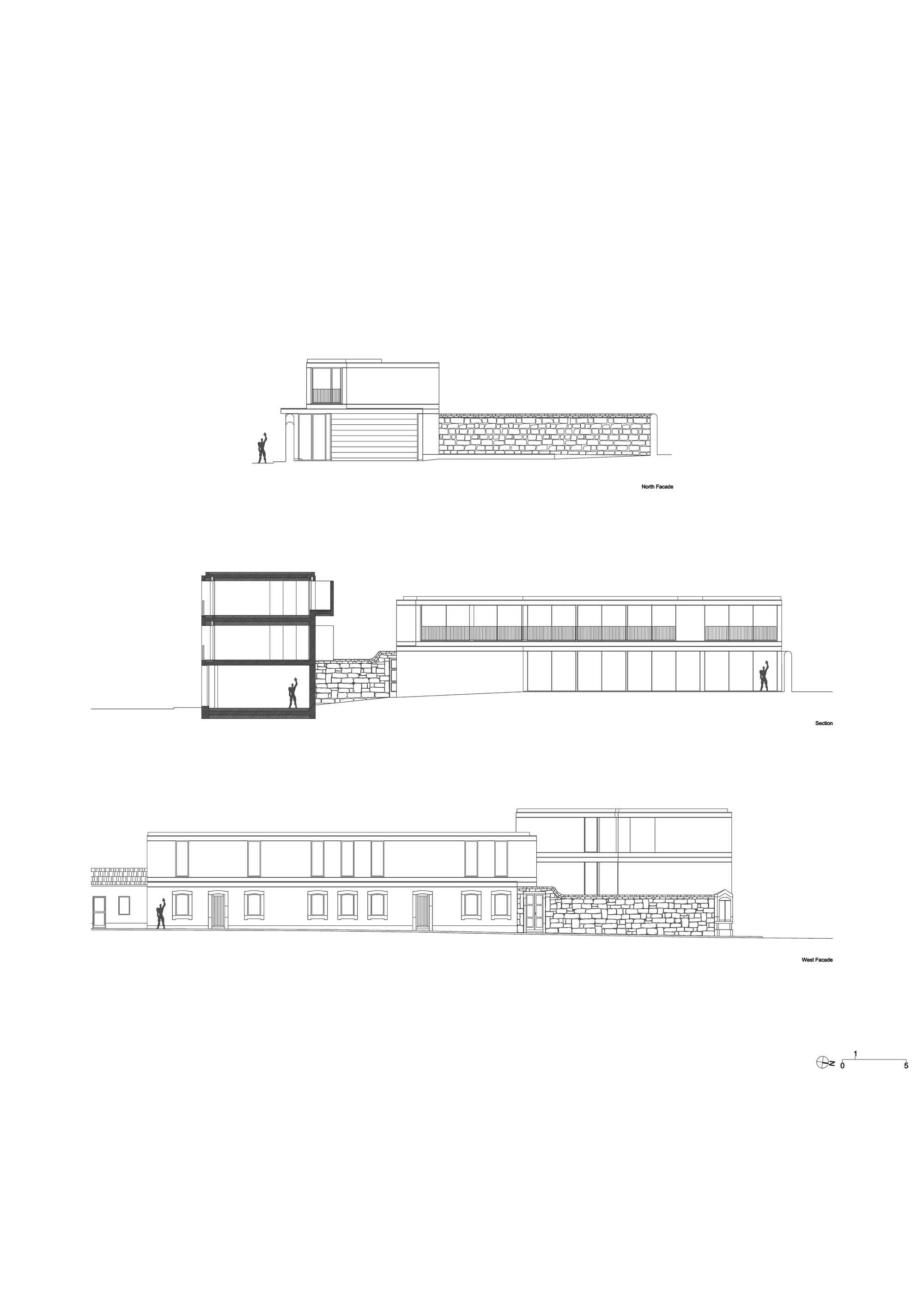 Drawing sheet with north facade elevation, a cross section and west facade elevation showing a stone wall and a long low volume