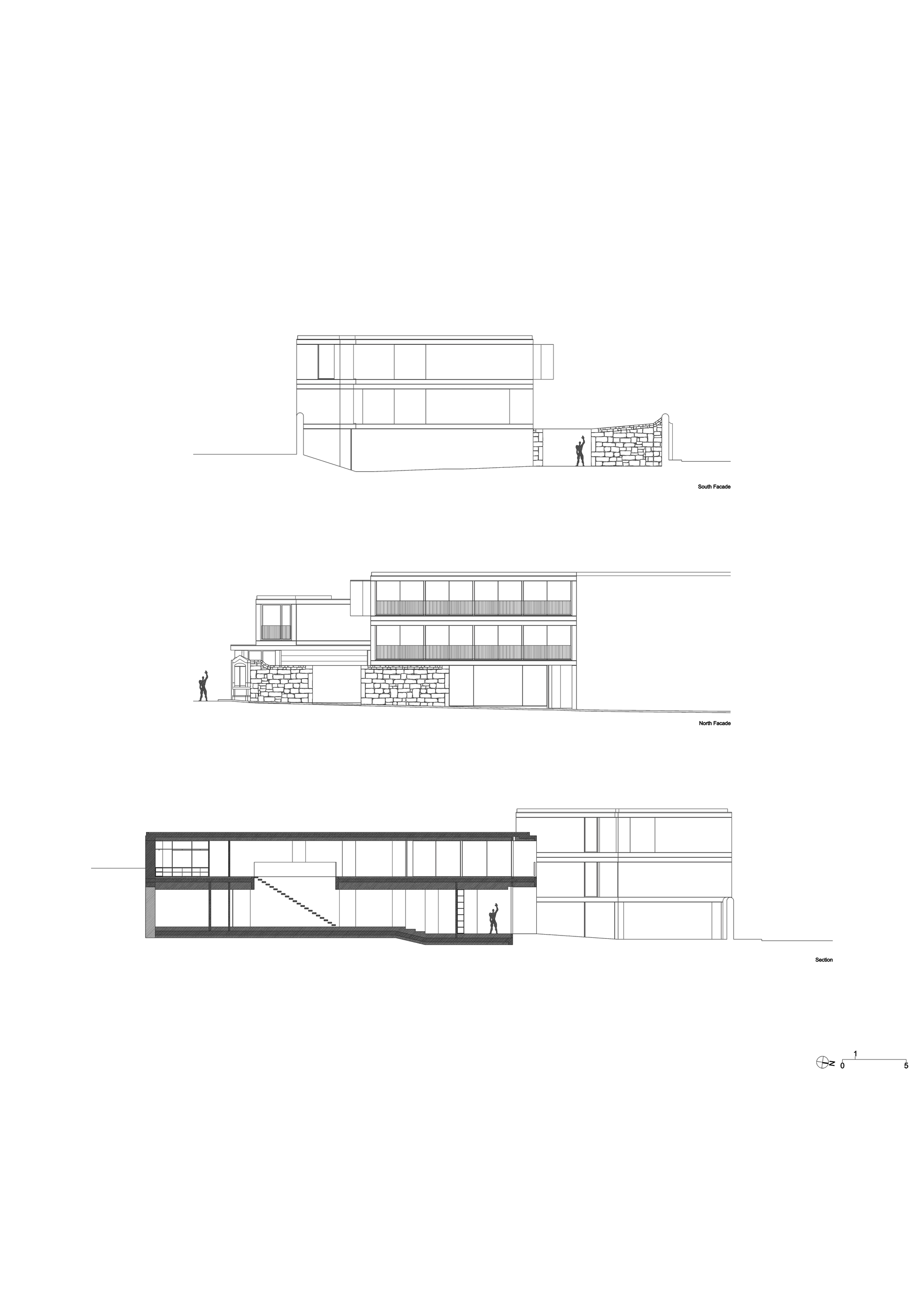Drawing sheet with south and north facade elevations and a long section showing an interior stair and a stacked block beside it