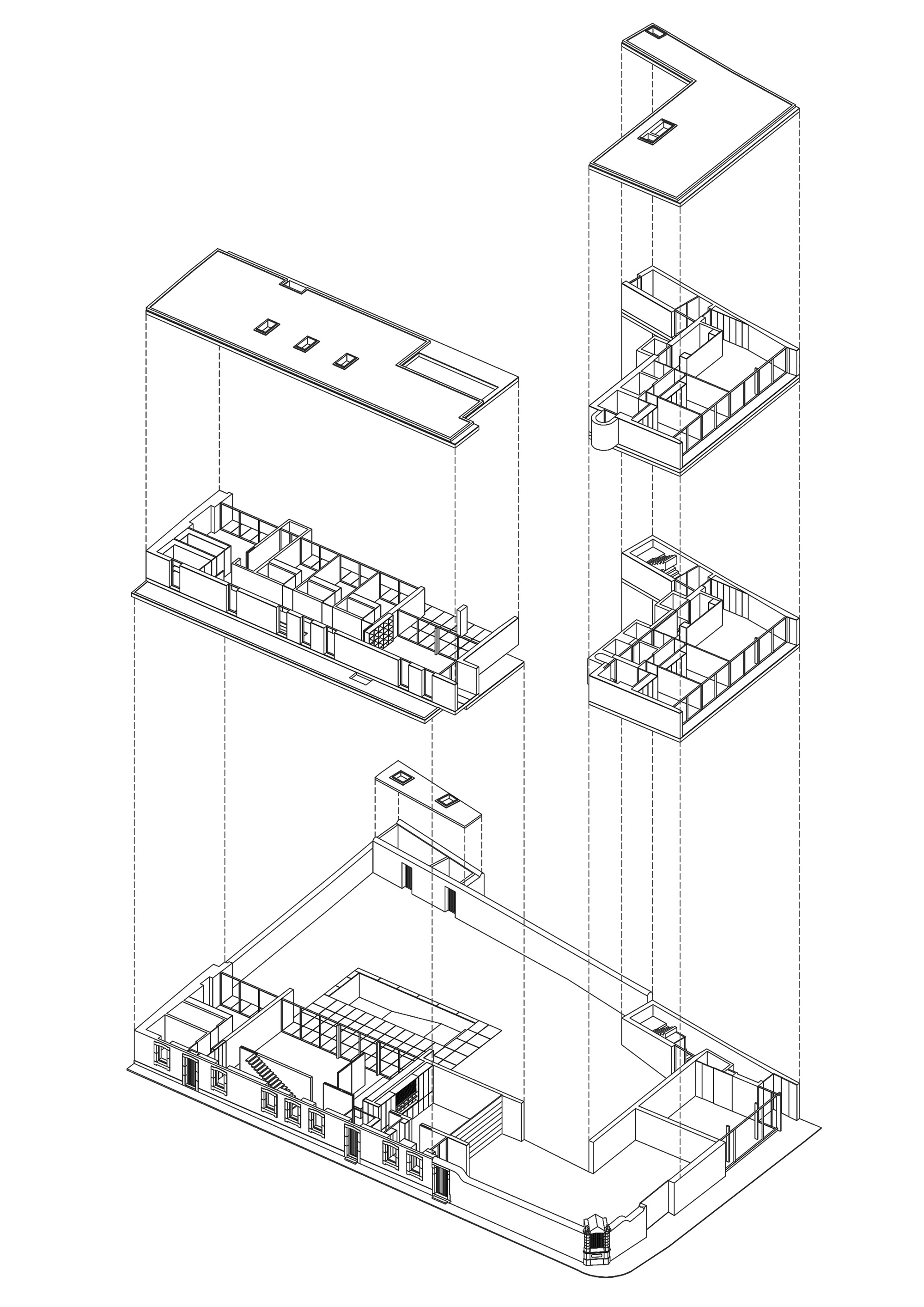 Exploded axonometric drawing separating roofs and upper floor plans from a ground level courtyard plan on a street corner plot
