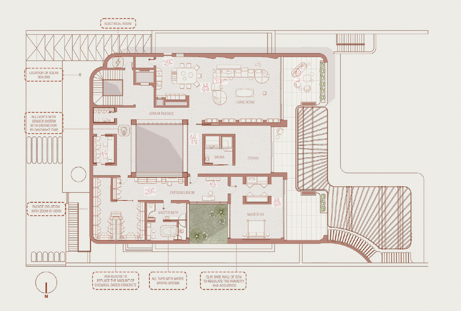 Upper floor plan drawing showing living room, atrium void, sauna, studio, master bedroom and bath, with curved stair and terrace annotated with environmental no