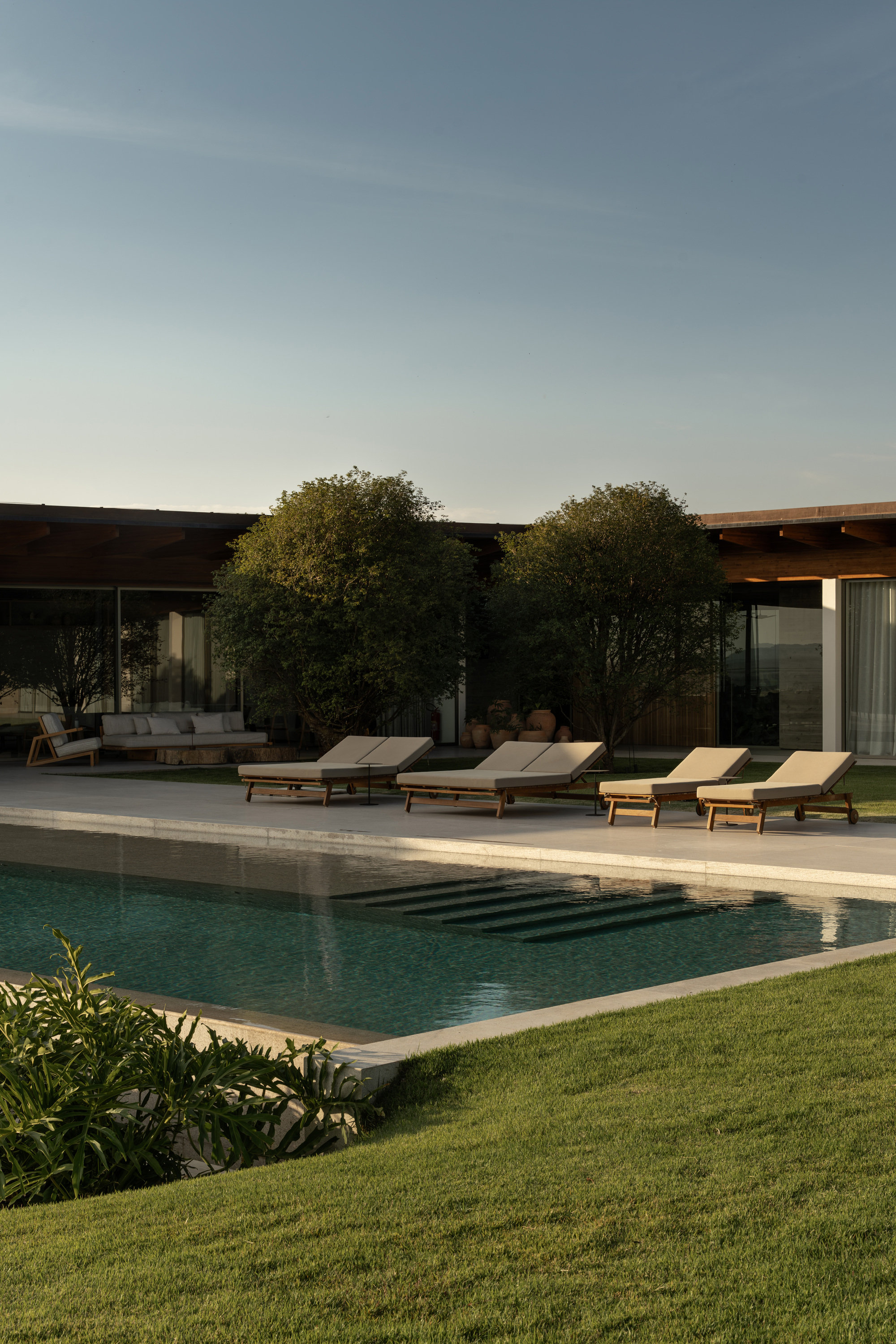 Teak sun loungers along the edge of a pool, with two rounded trees before the glazed pavilion at sunset