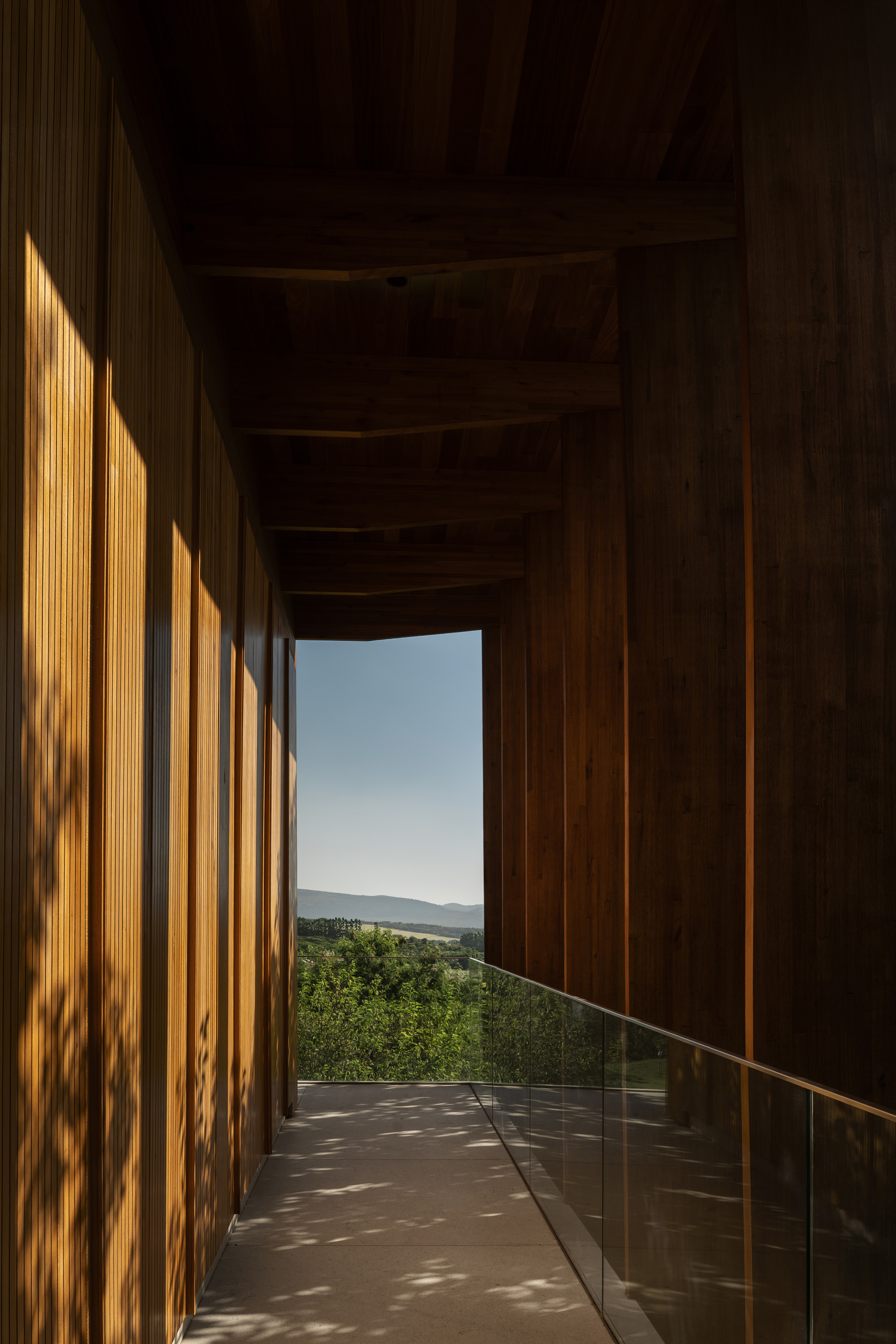 Narrow timber-clad balcony with a glass balustrade, framing distant hills while leaf shadows fall across the floor and vertical slats