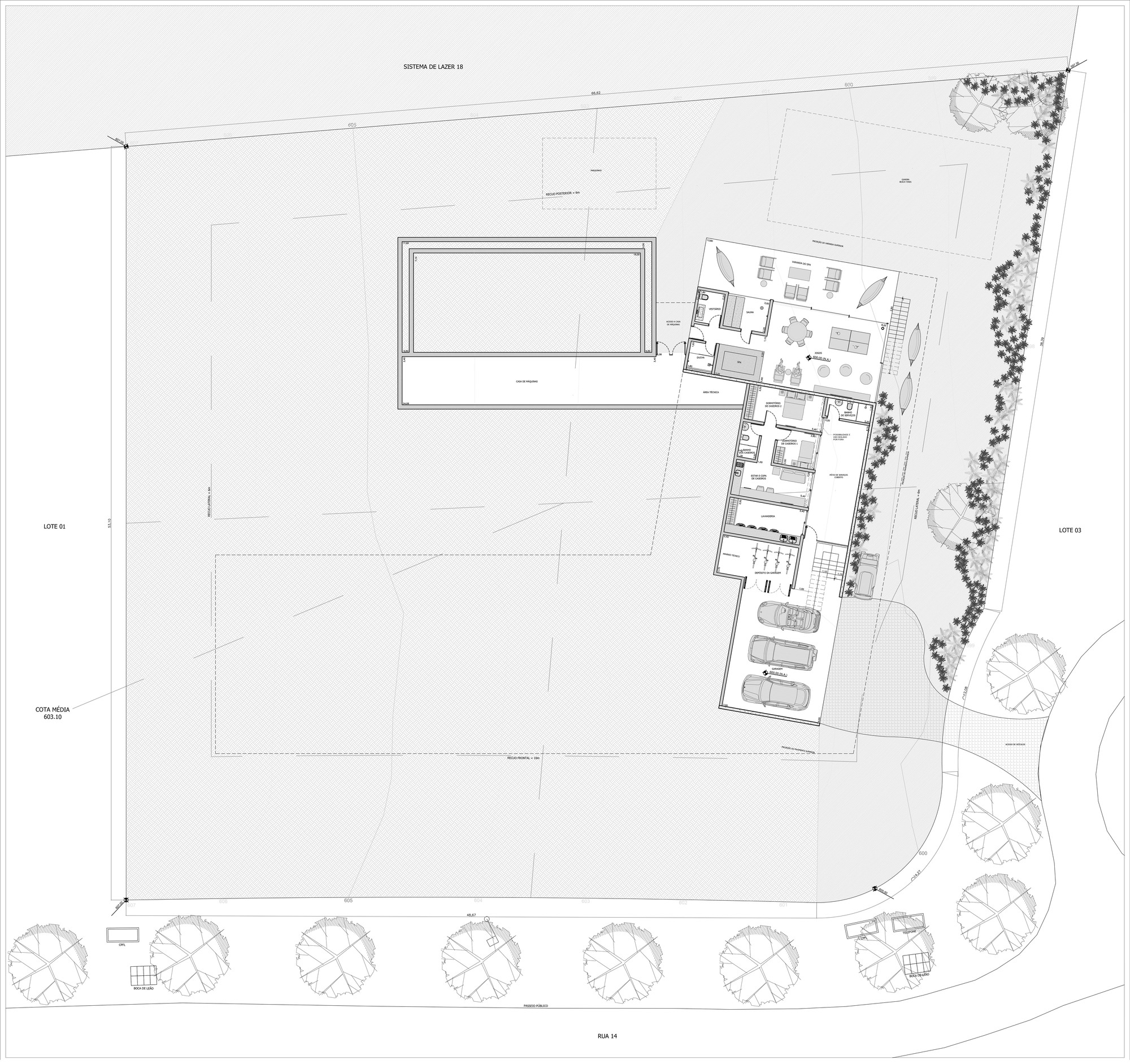 Site plan drawing of a lower level showing an L-shaped building, garage bays and a rectangular pool on a planted lot