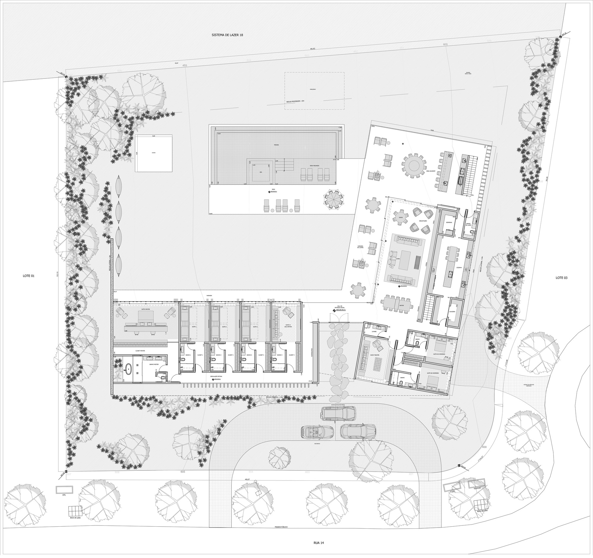 Site plan drawing of the main level showing bedroom wing, living pavilion, pool and curving driveway among trees