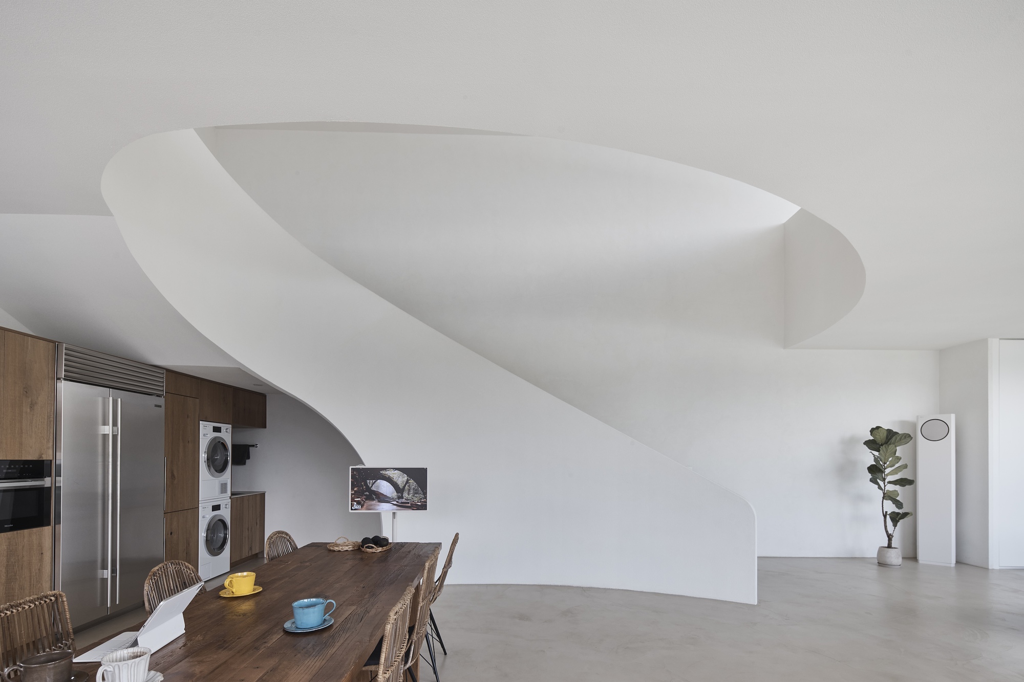 Underside of the curved white stair above a wooden dining table, with steel fridge and a potted fig tree