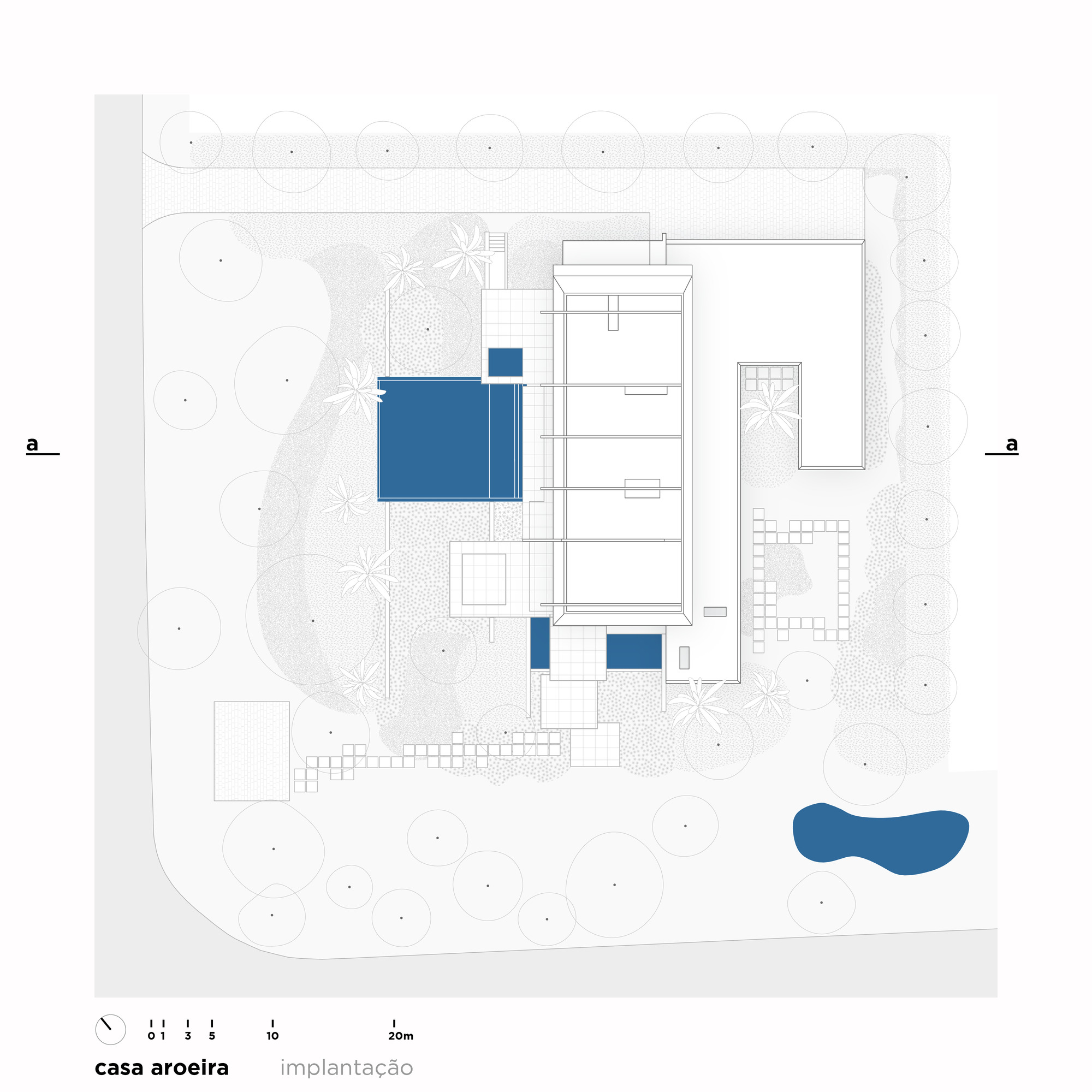 Site plan drawing showing the elongated house, pool, garden trees and a small pond within the plot boundary