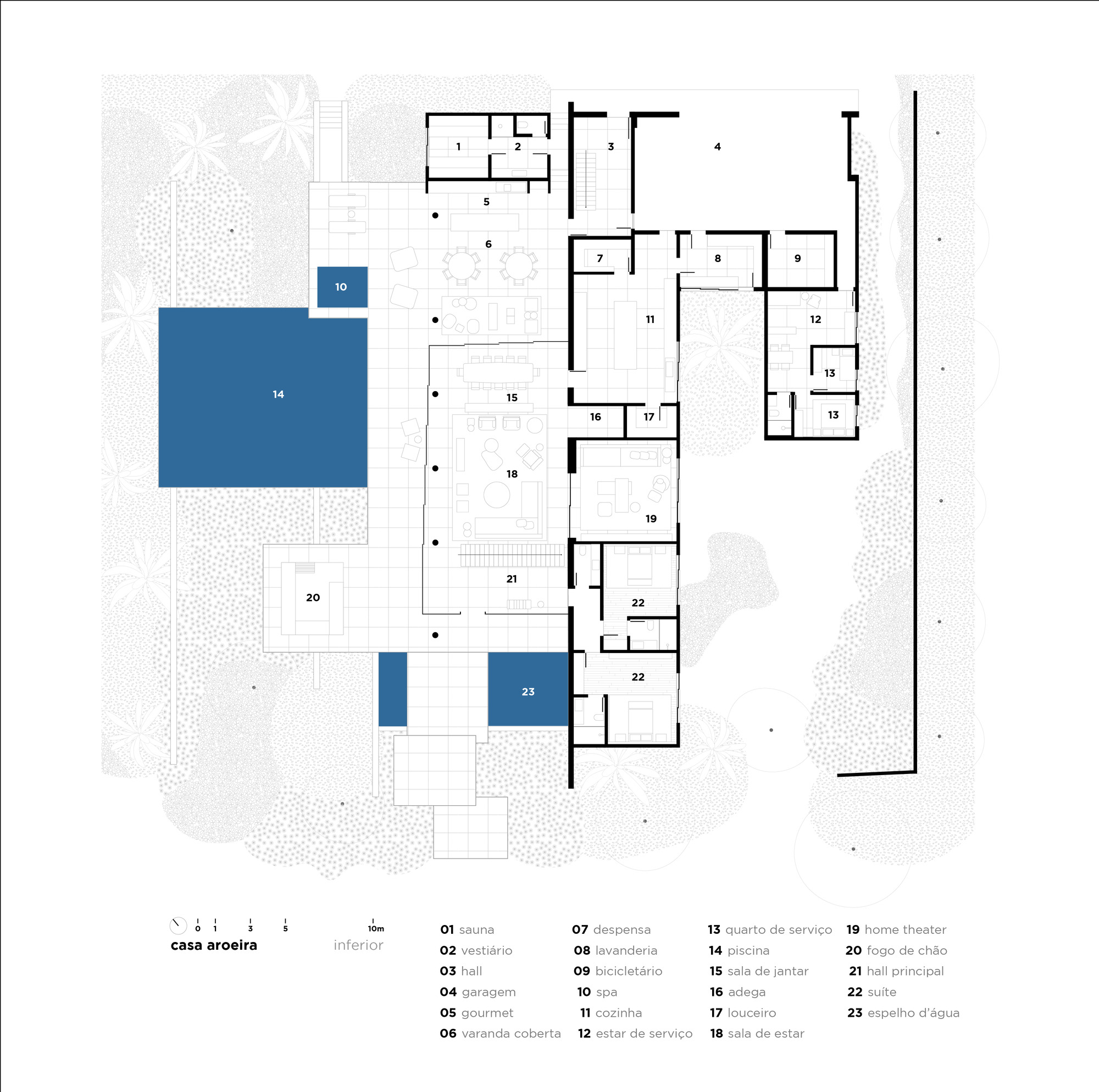 Lower floor plan drawing with labeled rooms including garage, kitchen, living areas, suites, pool and water mirror around a covered veranda