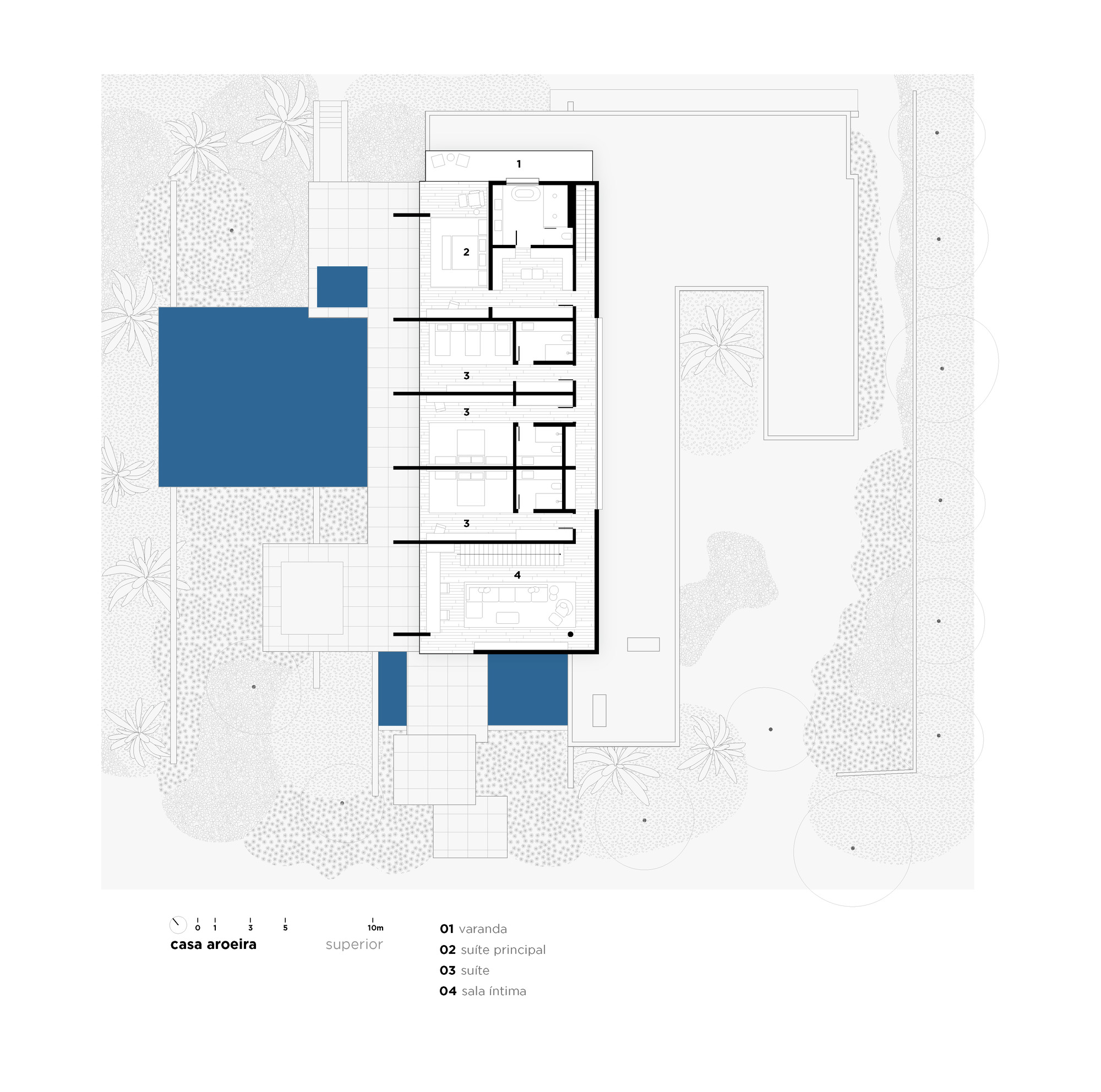 Upper floor plan drawing showing a principal suite, three bedrooms and a living room along a narrow bar beside blue pools and planted garden