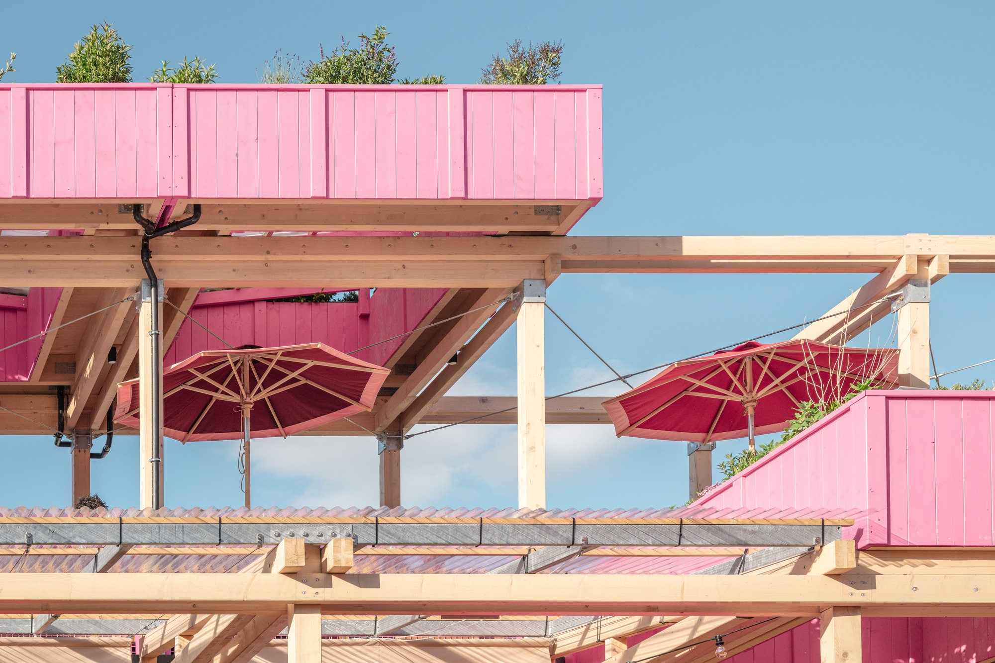 Close-up of pink cladding, timber beams and red parasols against a clear blue sky with slim steel tie rods