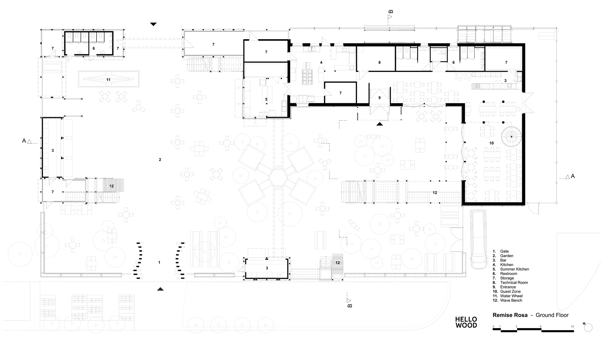 Ground floor plan drawing showing a central garden, bar, kitchen, guest zone and water wheel arranged around an open courtyard