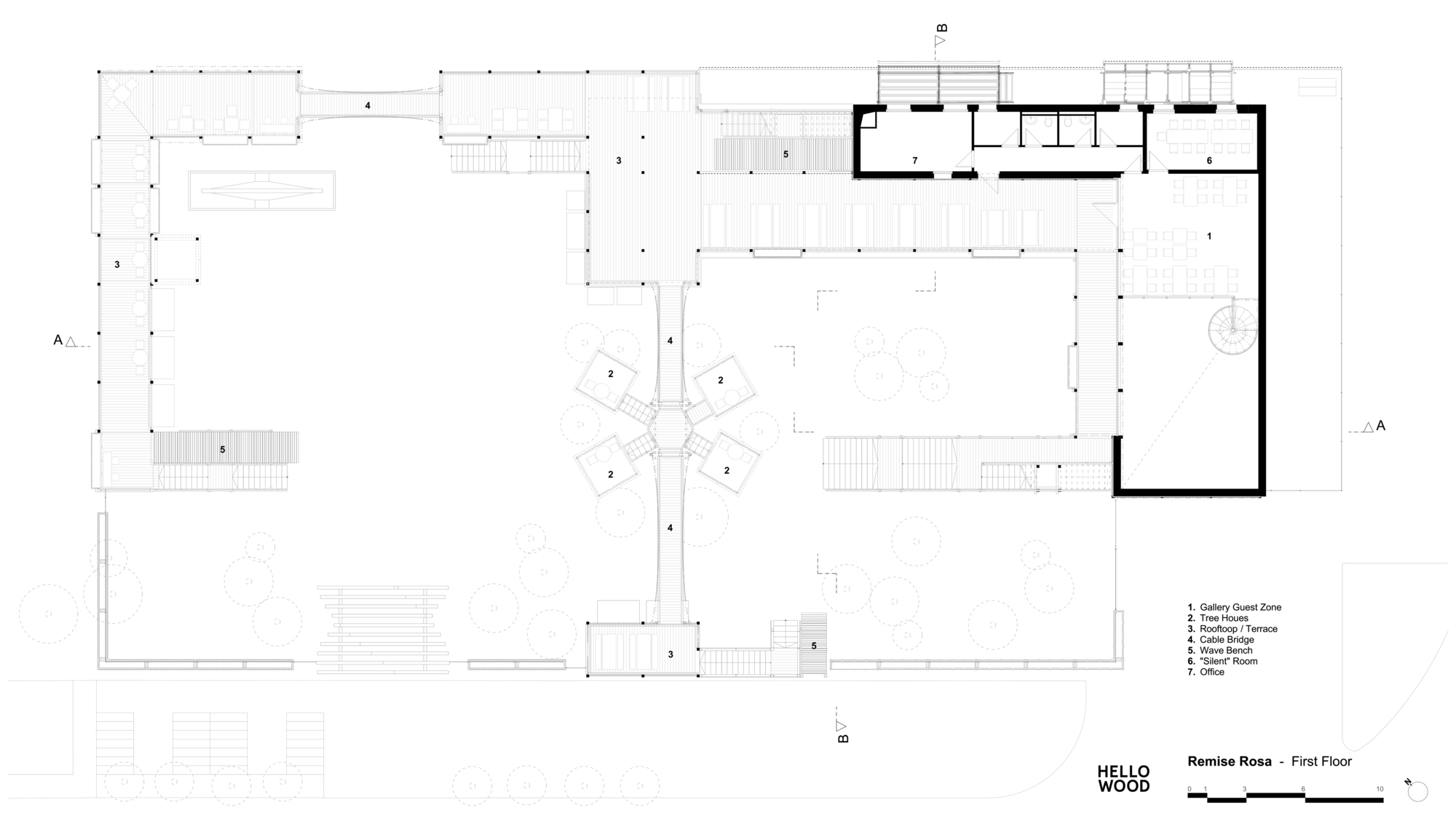 First floor plan drawing showing a cluster of tree houses linked by cable bridges to rooftop terraces and a gallery guest zone