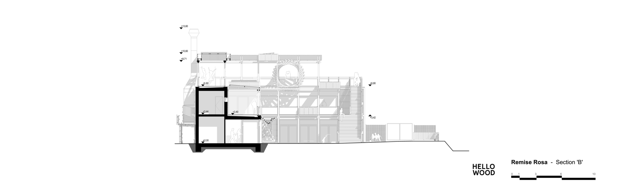Section drawing B cutting through a two-level masonry volume with a water wheel and timber terraces stacked above