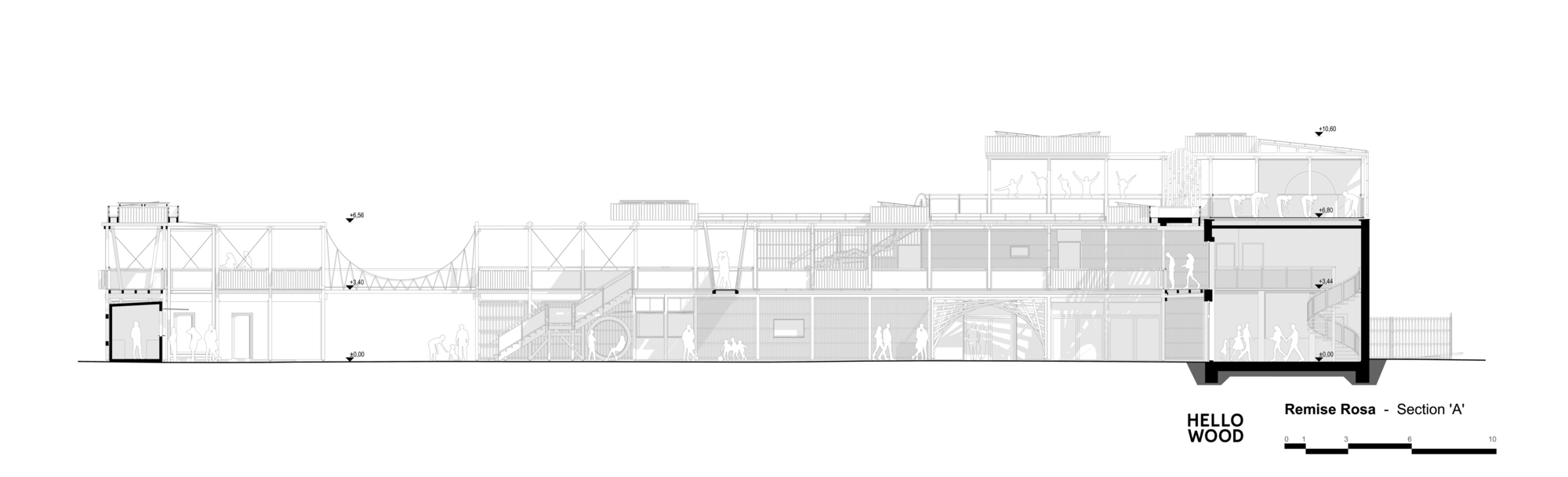 Long section drawing A showing timber walkways, a suspension bridge and stairs, with small figures standing in the ground-level spaces