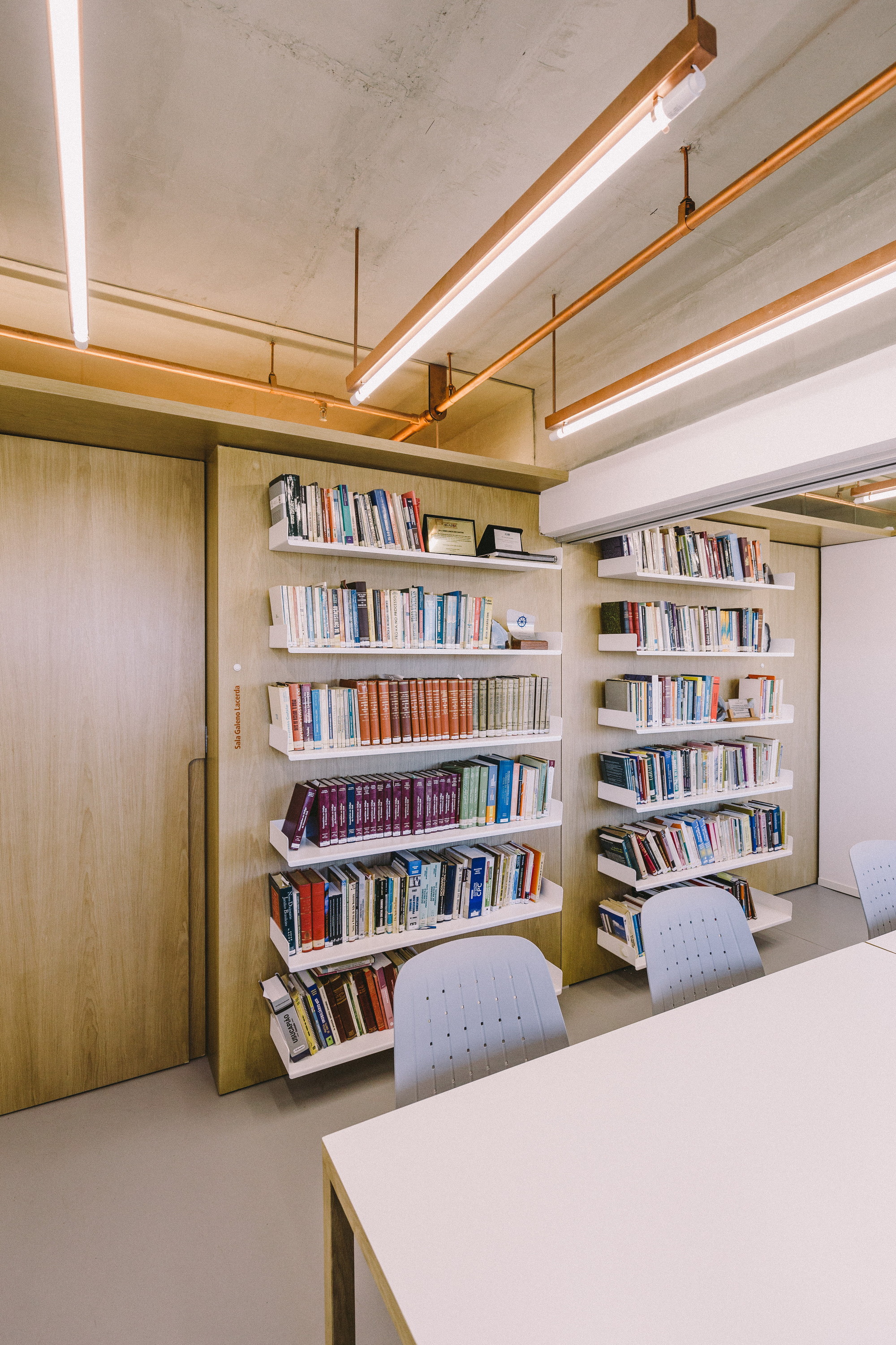 Oak wall with white bookshelves holding rows of books, seen past a table edge under suspended copper tube lights