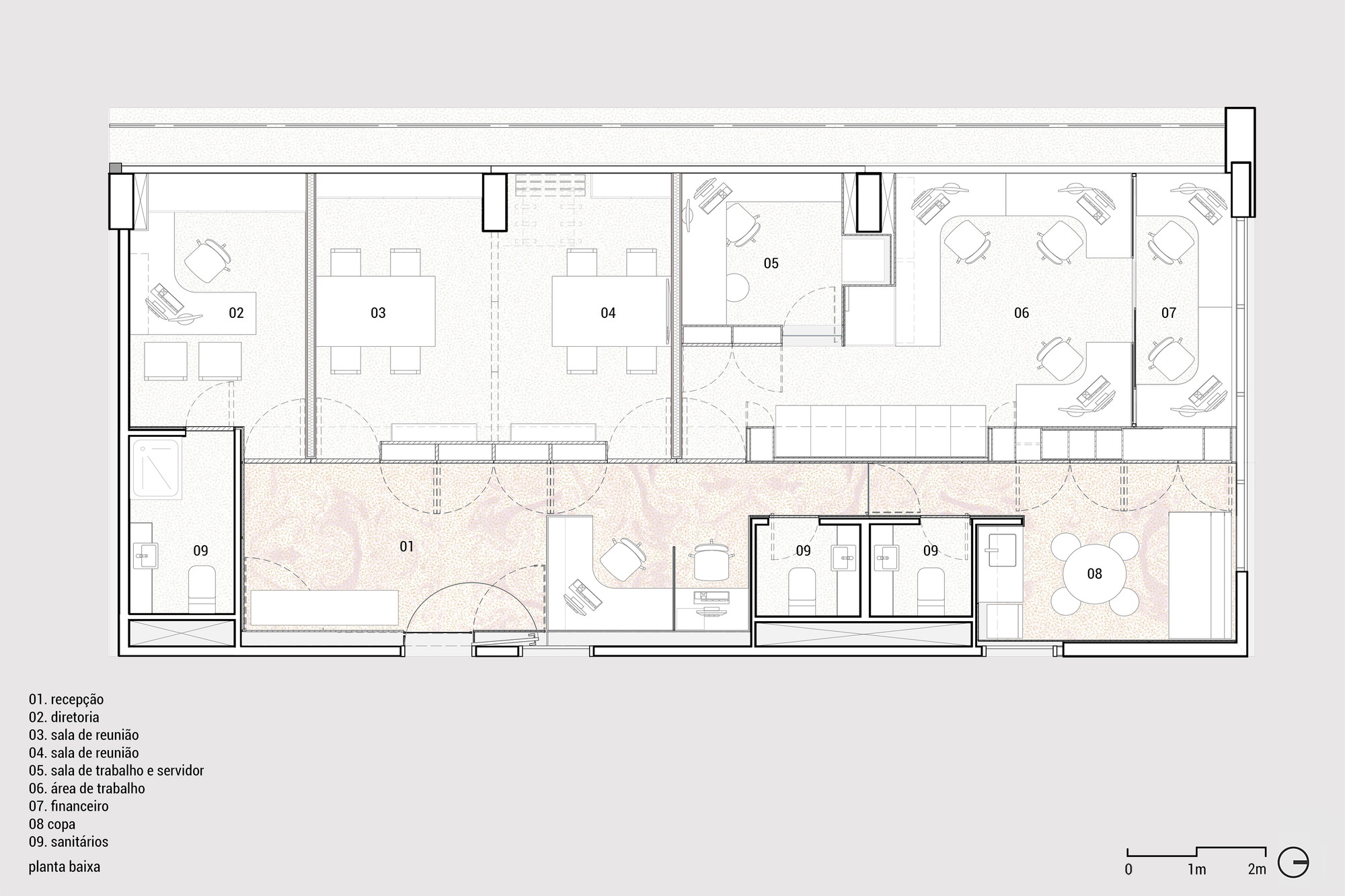 Floor plan drawing of an office with reception, meeting rooms, work areas, pantry and restrooms arranged along a central corridor