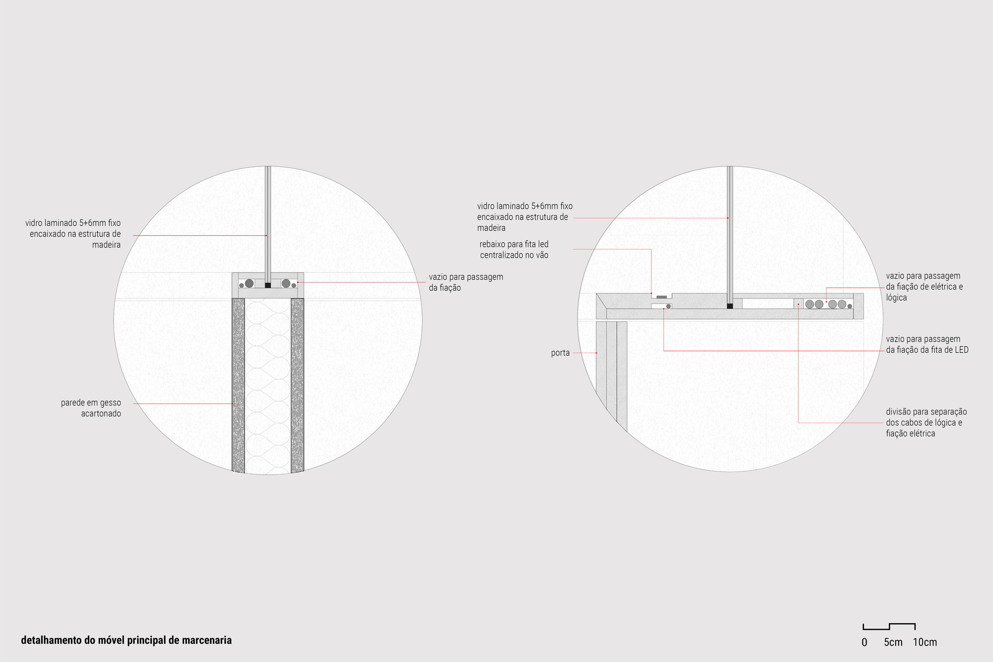 Two circular construction detail drawings of the joinery unit, showing a laminated glass panel, wiring voids and an LED strip recess