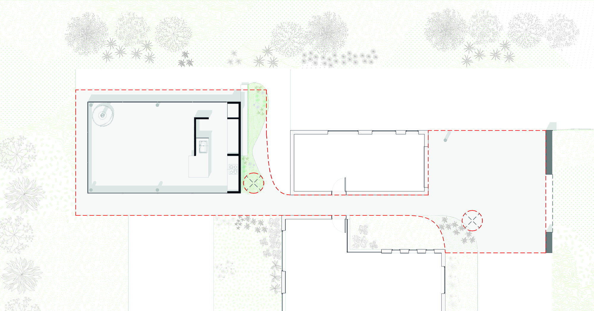 Site plan drawing showing a rectangular pavilion, neighbouring buildings and a dashed red outline around the paved path and trees