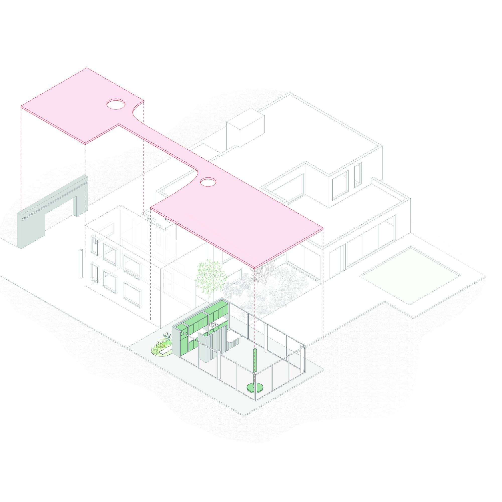 Exploded axonometric drawing lifting the pink roof slab and gate wall away from a glass pavilion with green kitchen joinery and a round fireplace