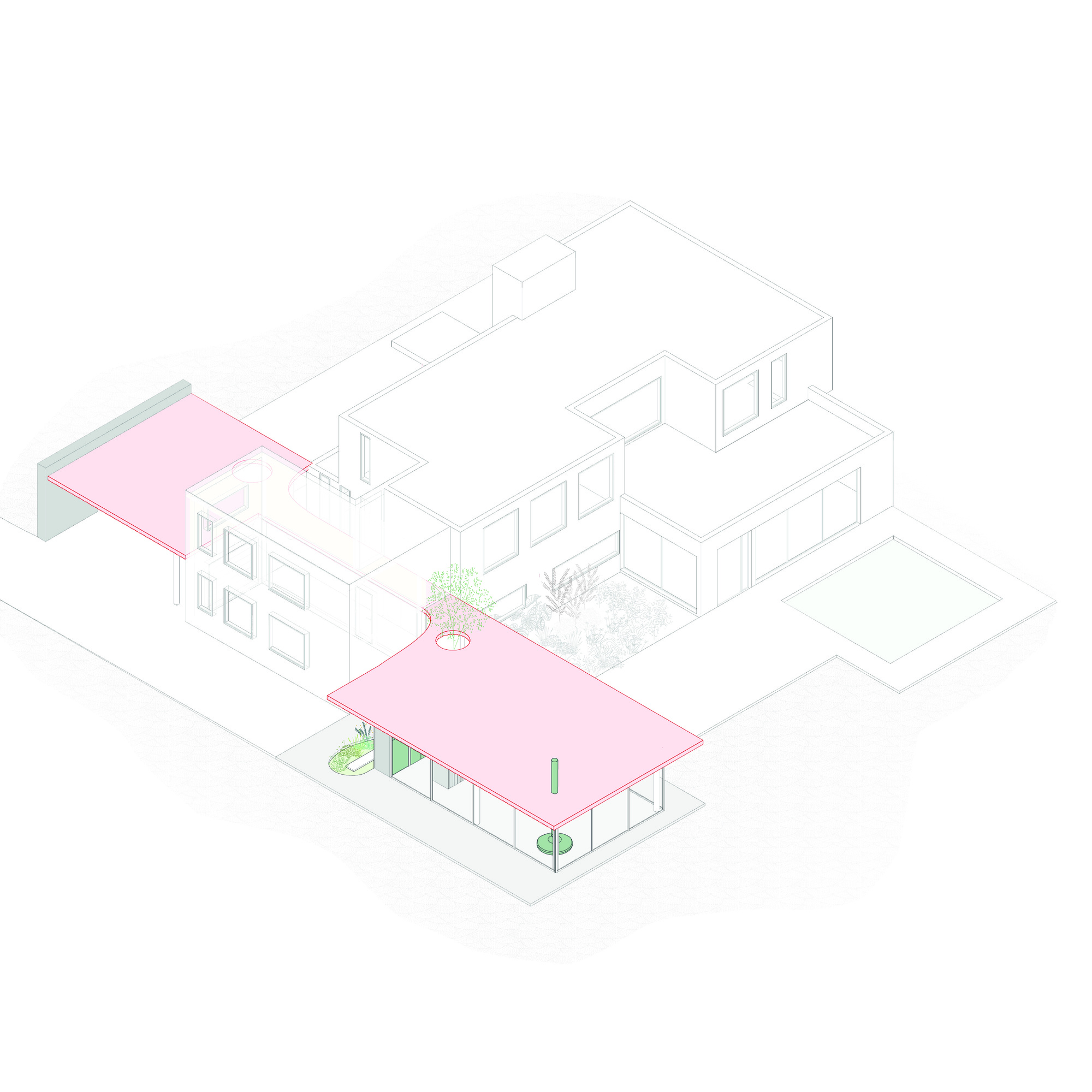 Axonometric drawing of the pink canopy roof linking a glass pavilion to the main house, with a courtyard garden and pool beside it