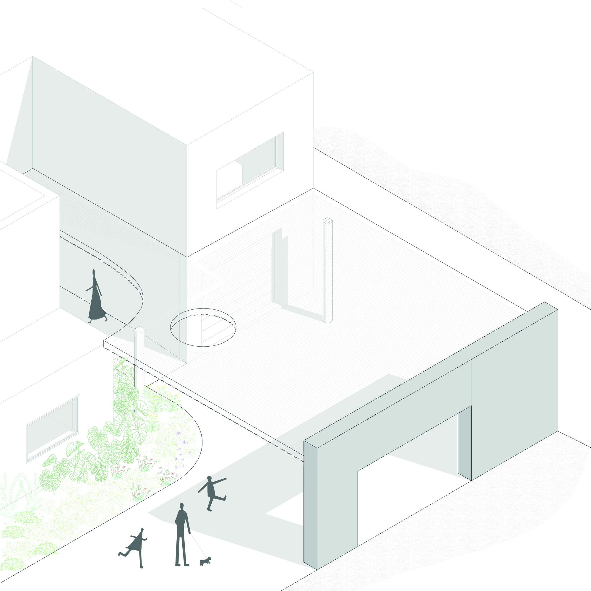 Axonometric drawing of the roof terrace and round skylight above a gate wall, with a figure walking and children playing near a planted bed