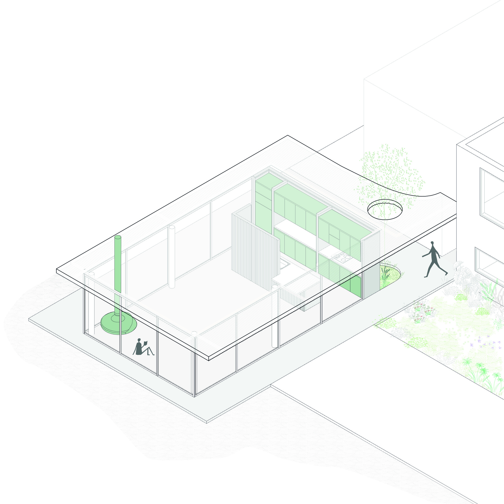 Axonometric drawing of the glass pavilion with green kitchen cabinets and a hanging fireplace, a seated reader and a passerby along the planting
