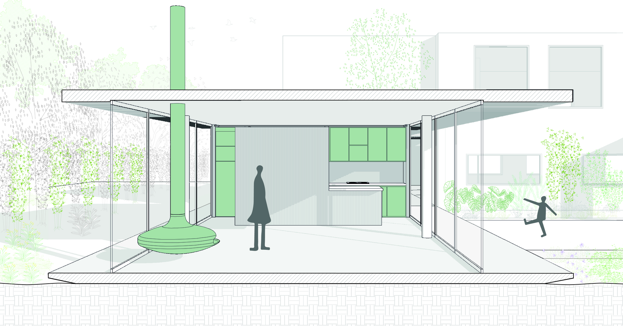 Section drawing through the glass pavilion showing a green suspended fireplace, kitchen island and cabinets, with a standing figure and a child playing outside