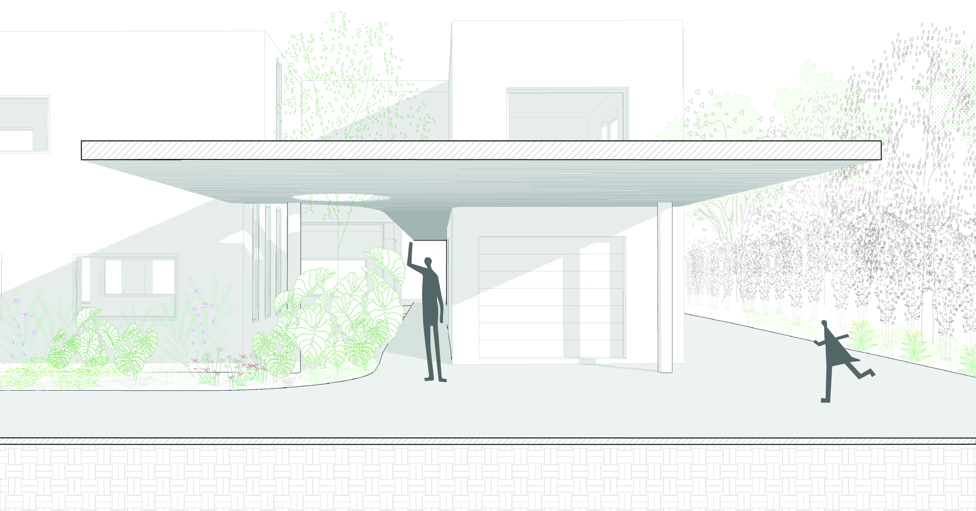 Elevation drawing of the thin flat roof canopy over the entry and garage, with a figure reaching up and a child kicking beside the garden