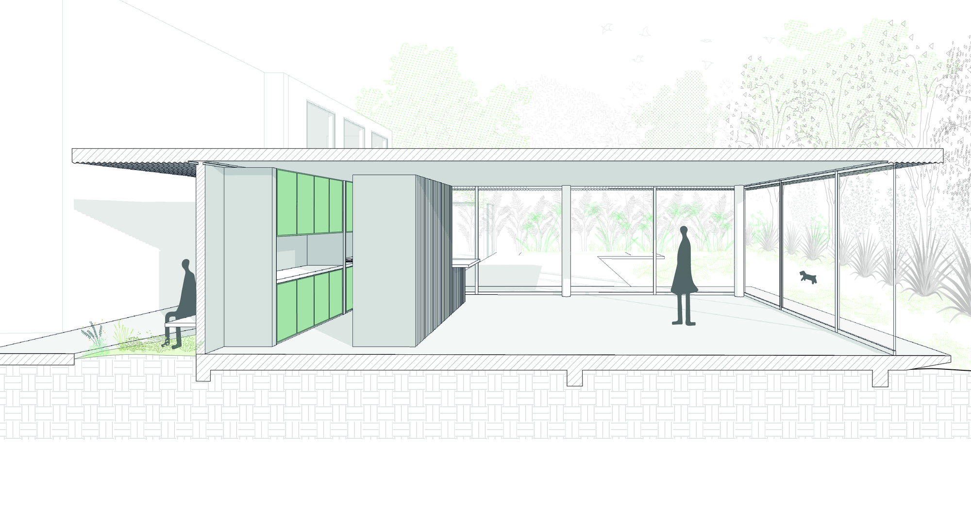 Section drawing of a flat-roofed glass pavilion with green kitchen cabinetry, a standing figure, a seated figure and a small dog among garden plants