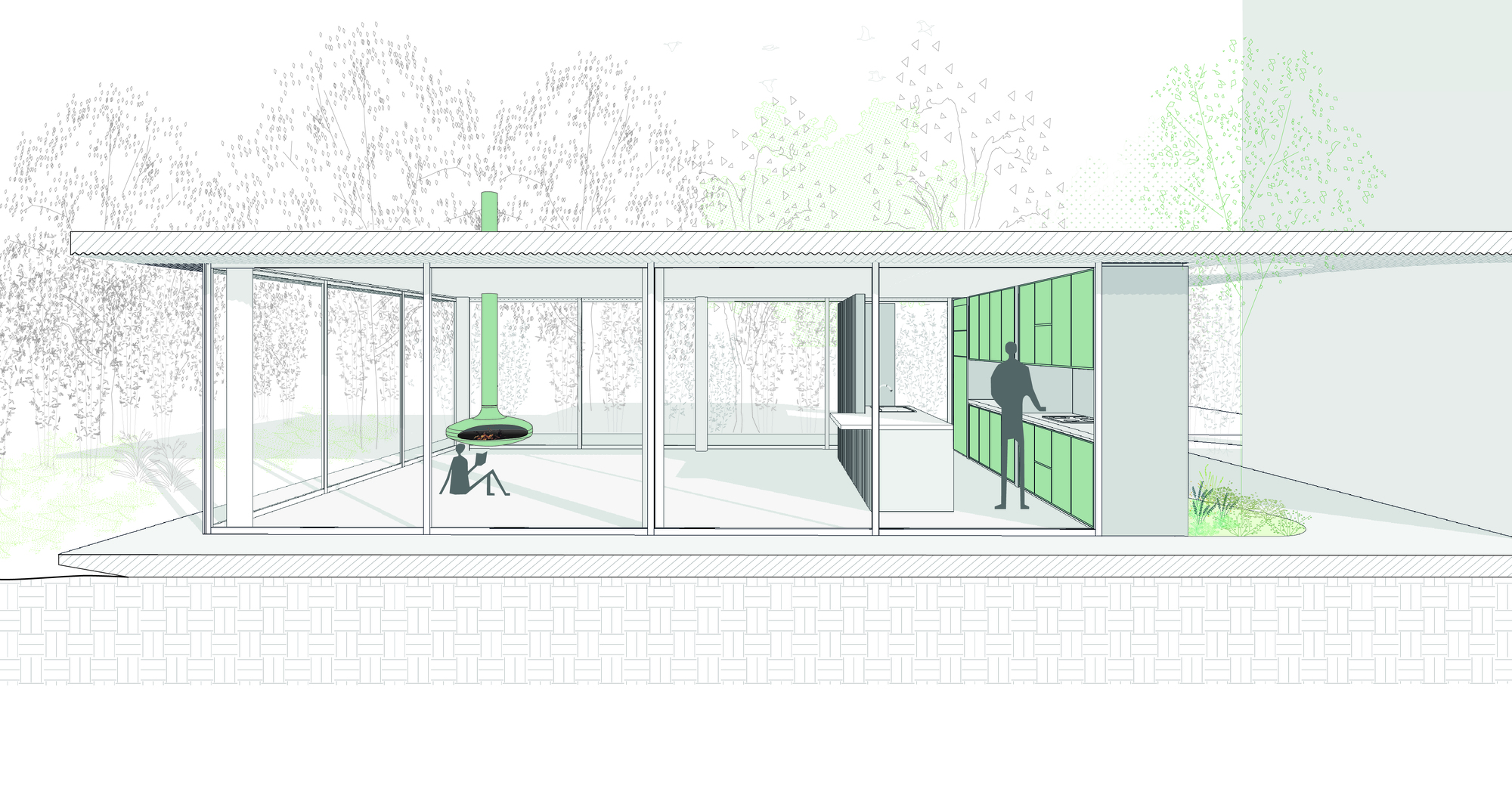 Section drawing of a glazed pavilion with a green suspended fireplace, a reader on the floor and a figure at the kitchen counter among trees