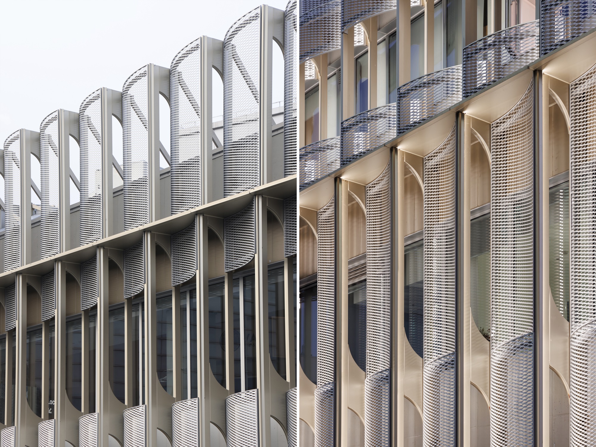 Paired close-ups of the expanded metal mesh screens and slender vertical fins with arched cutouts, one in daylight and one lit from below