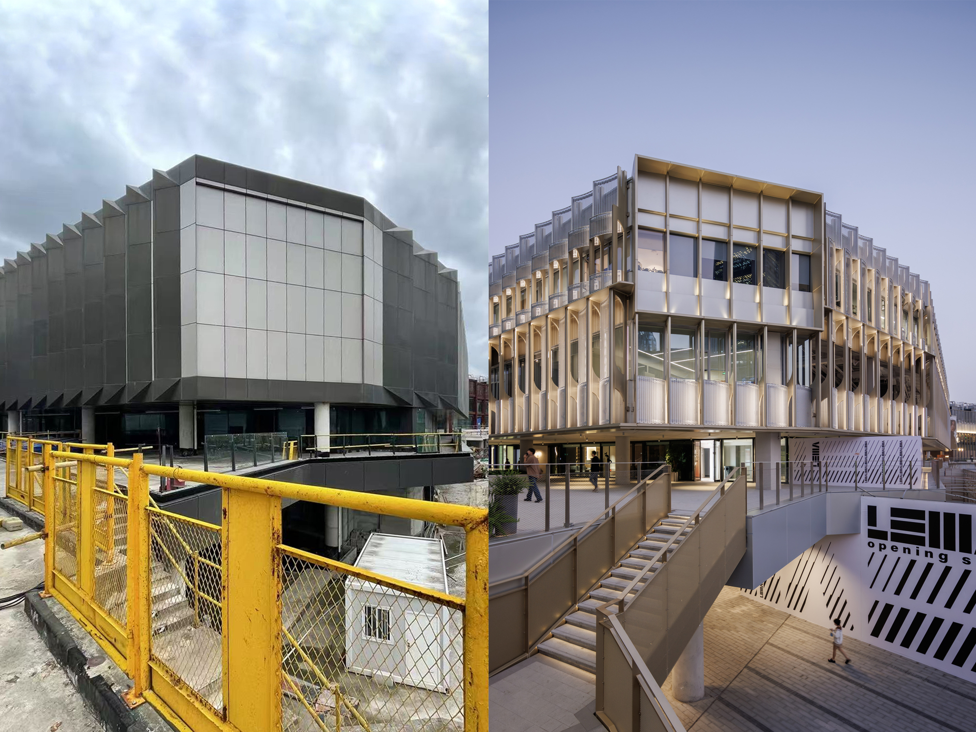 Side-by-side comparison of the old dark cladded block behind a yellow railing and the renovated finned facade at dusk