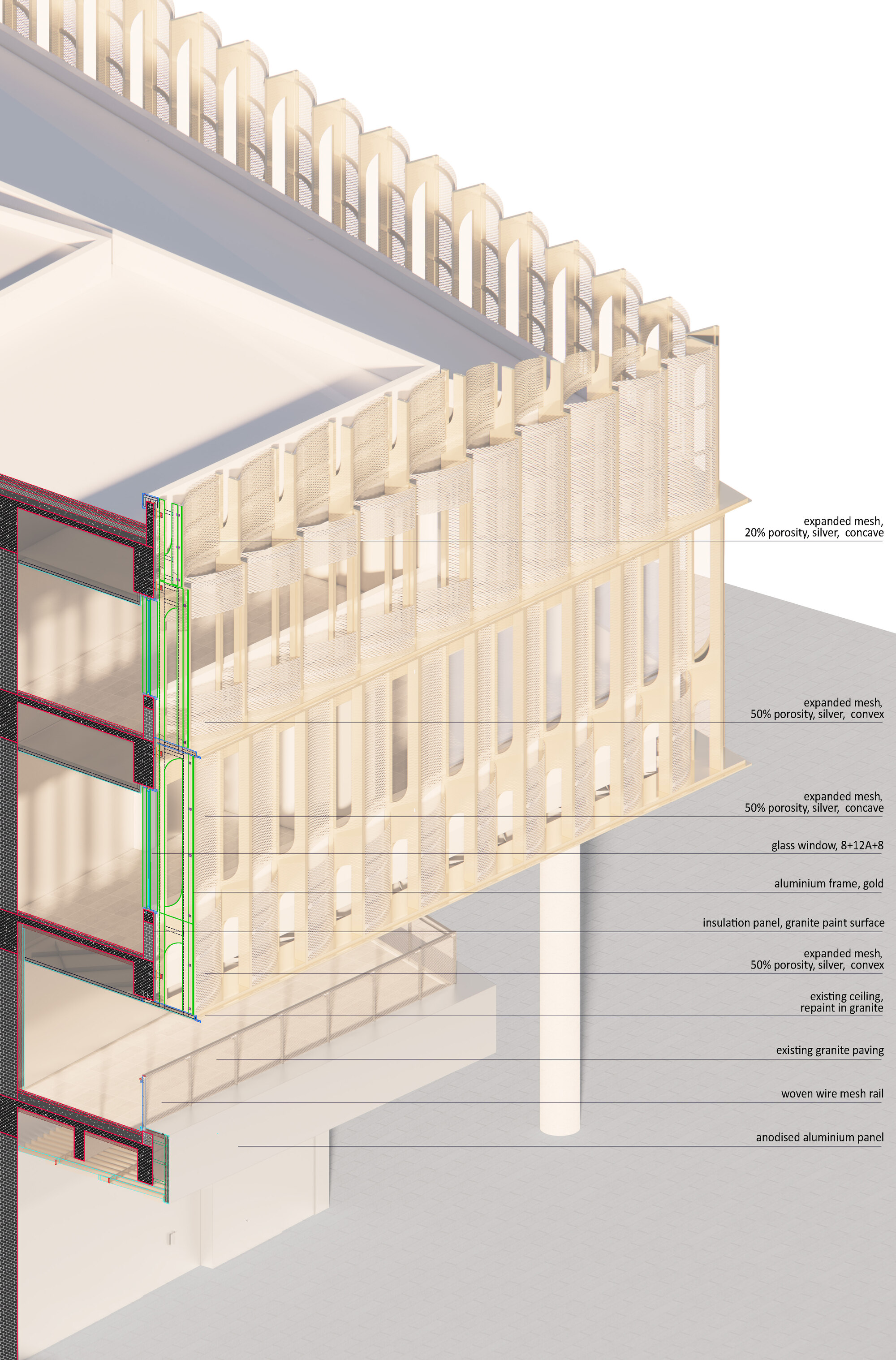 Axonometric section drawing of a double-layer facade showing expanded mesh screens, glazing, aluminium frame, insulation panel and paving build-up with labelled