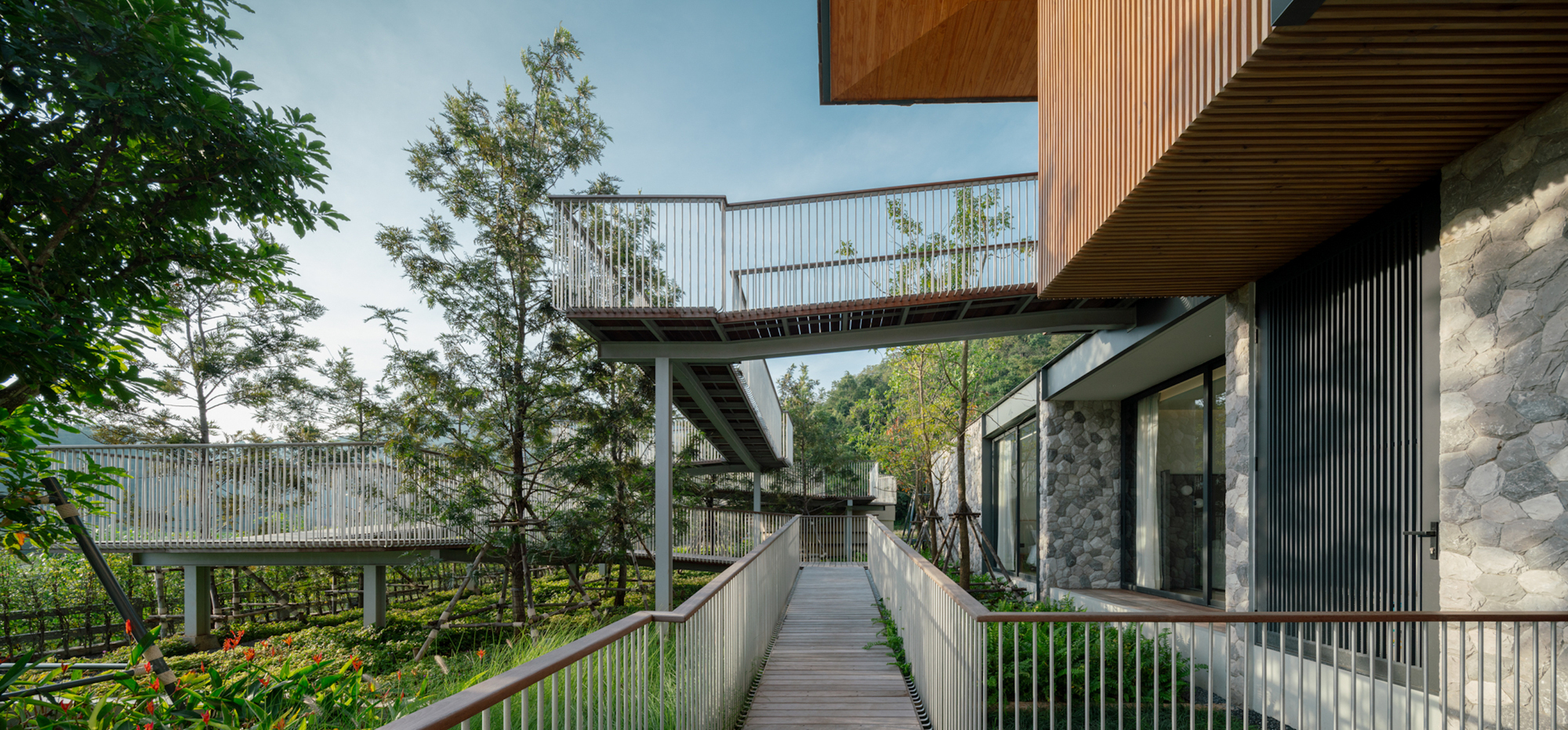 Elevated timber walkway with metal railings crossing a planted garden beside a stone-clad wall and cantilevered upper volume