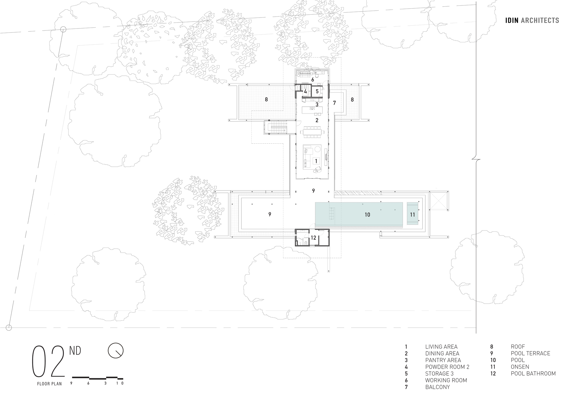 Second floor plan drawing showing a central living and dining zone, a long rectangular pool, terraces and roof decks among trees