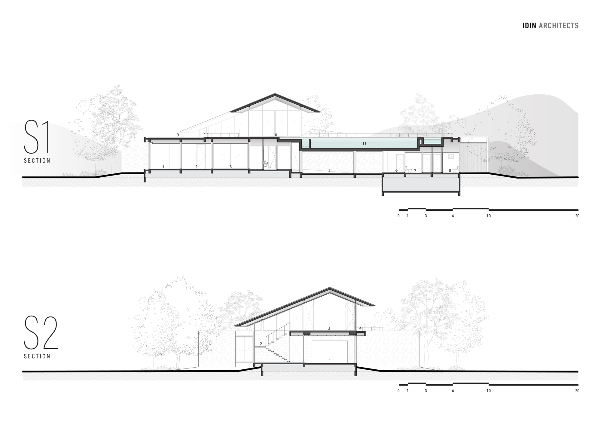 Two section drawings, S1 and S2, cutting through the pitched roof, pool level, stair and basement of the house