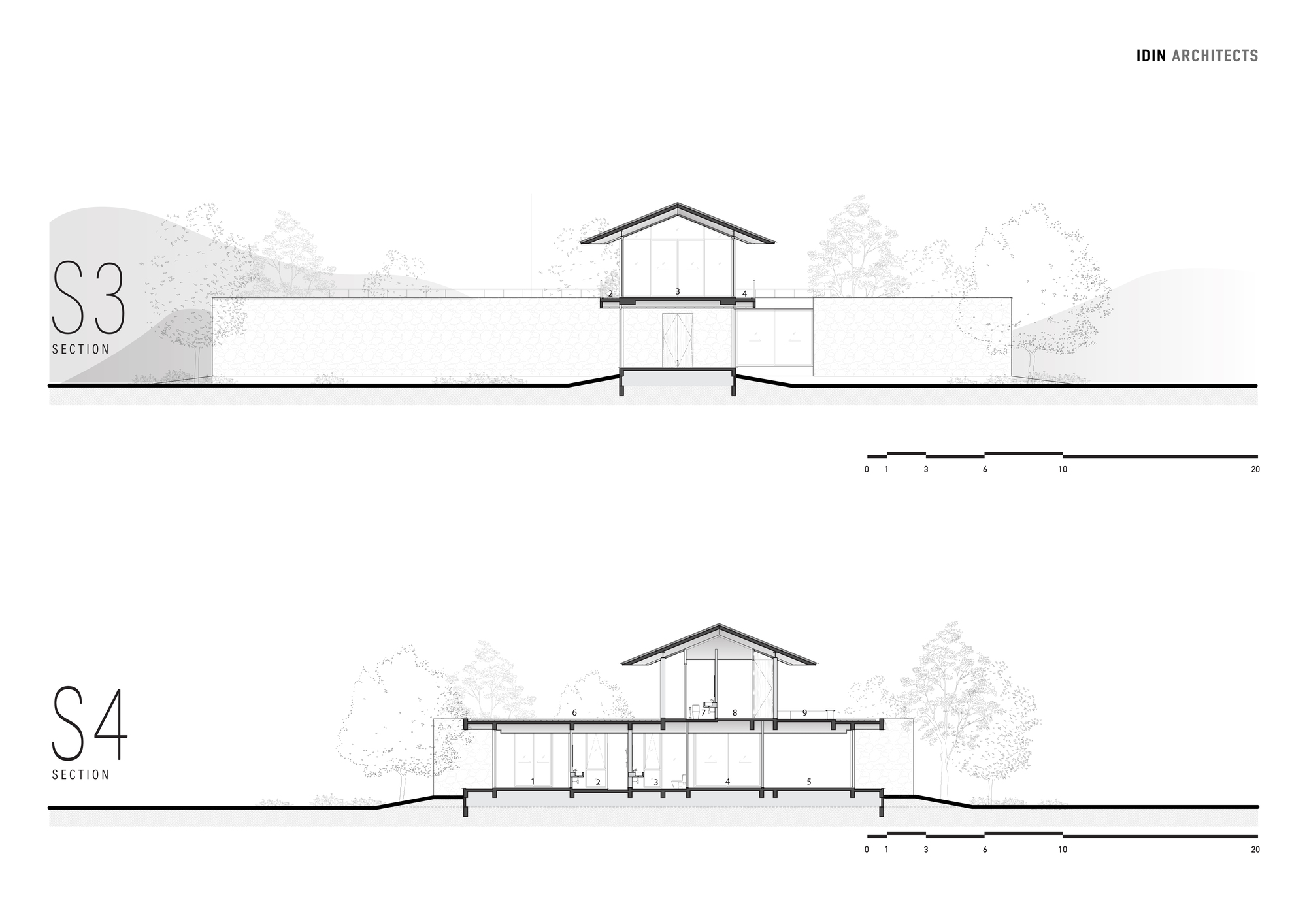 Two section drawings, S3 and S4, showing the low stone wall, the central pitched-roof volume and the two-level interior spaces