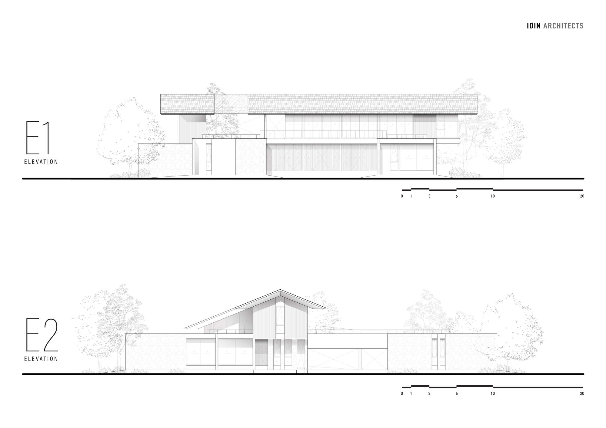 Two elevation drawings, E1 and E2, showing the tiled roof, glazed upper floor and stone walls of the house