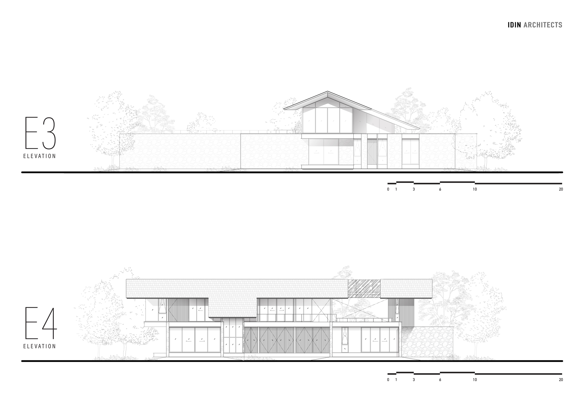 Two elevation drawings, E3 and E4, showing a low walled house with a pitched glazed volume and a long two-storey facade, framed by sketched trees