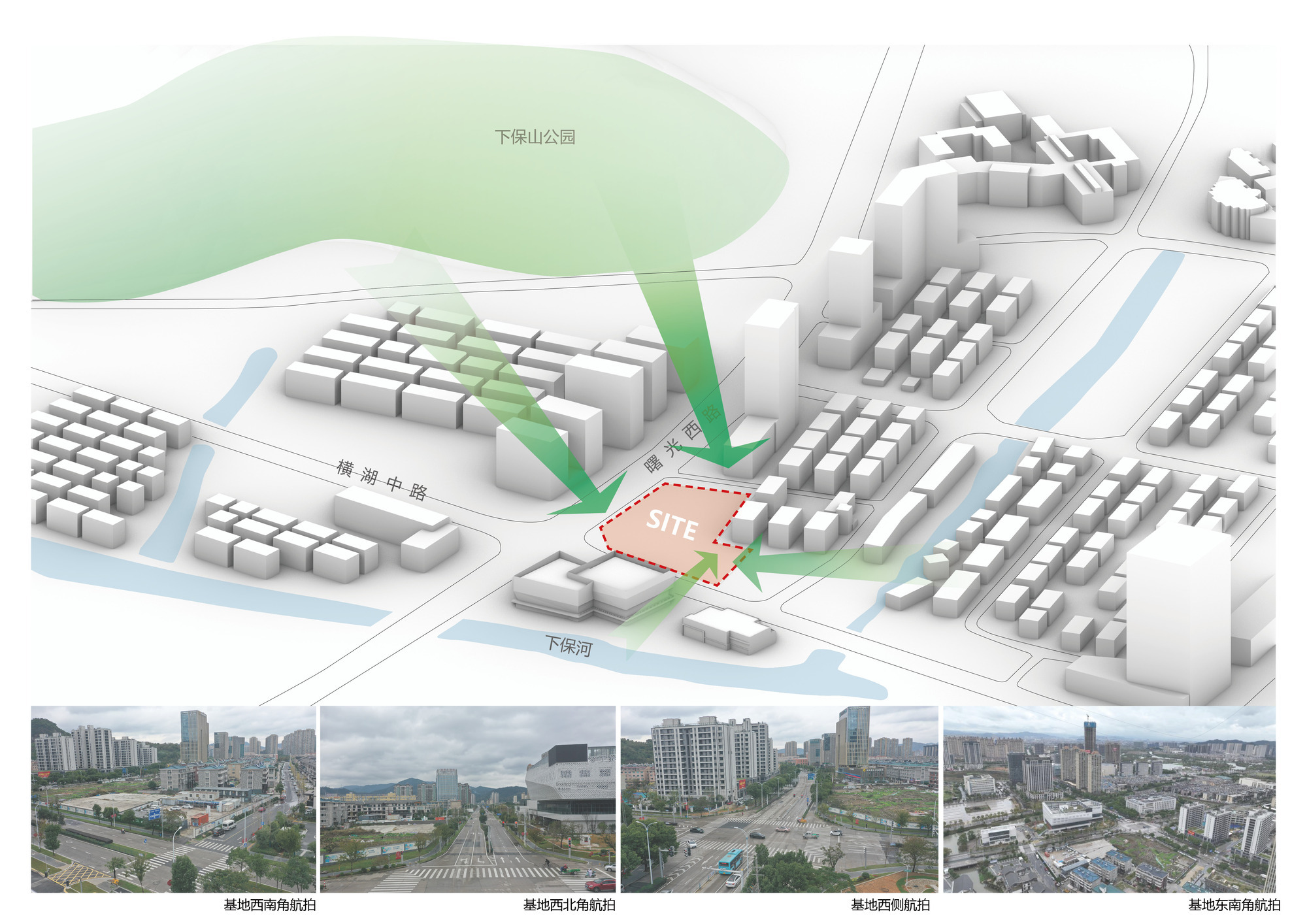 Axonometric site diagram with green arrows pointing from a park and river toward the highlighted site, with four aerial photos below