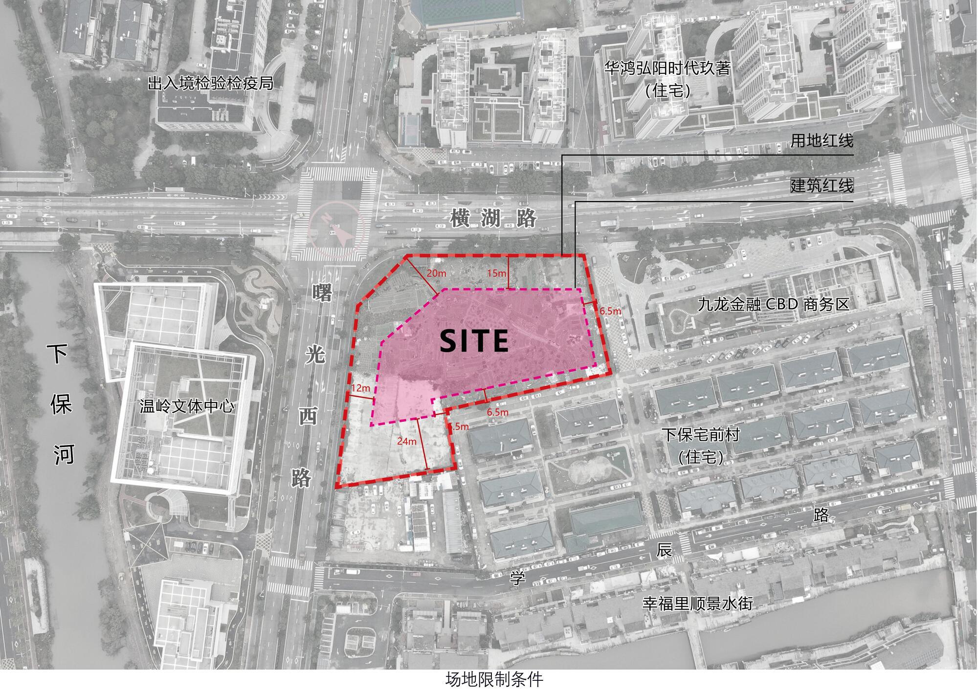 Aerial site plan showing the pink site boundary, red setback lines with dimensions, and surrounding roads, river and housing blocks