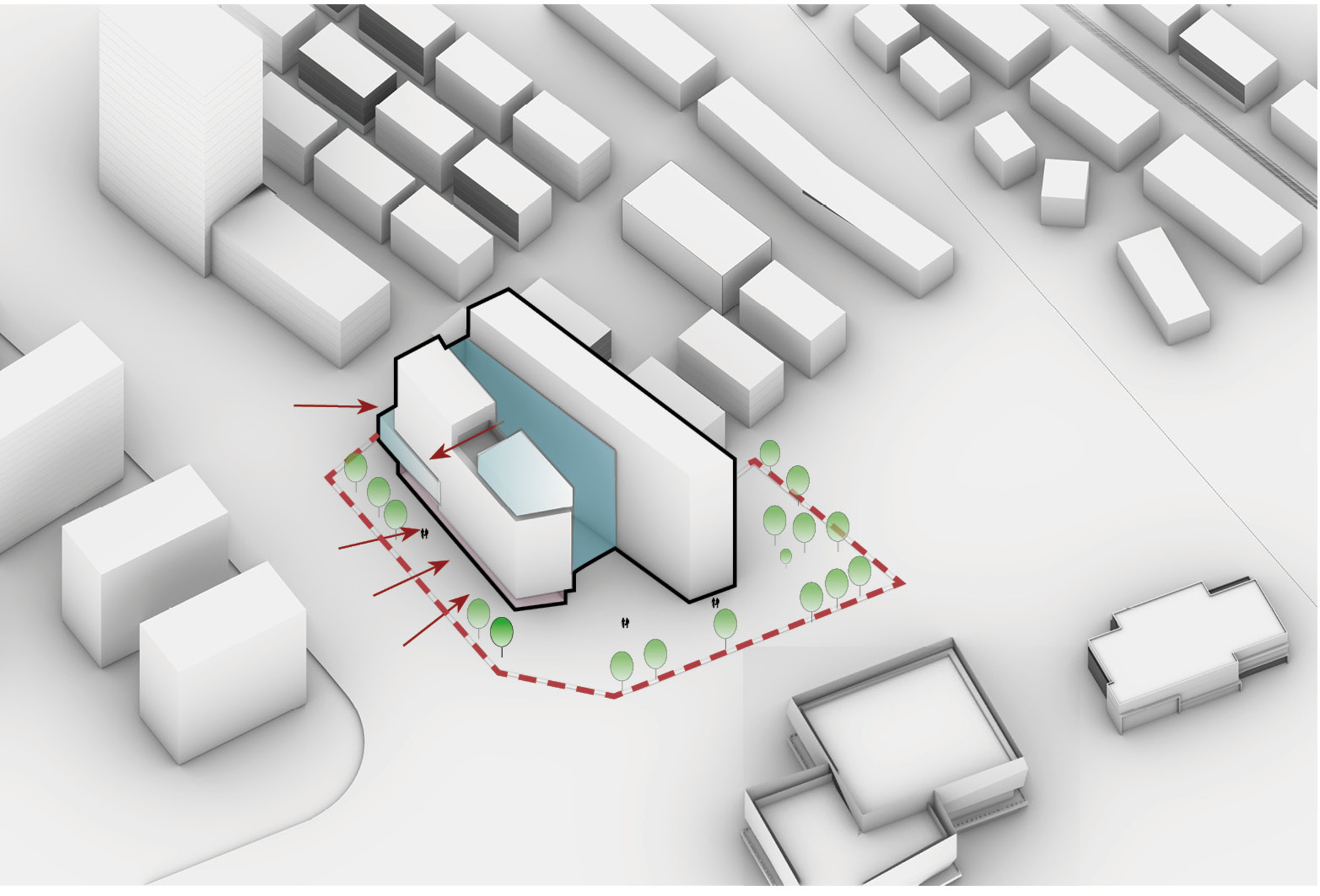 Massing diagram with a tall slab and lower stepped volumes around a blue void, red arrows marking approach from the left