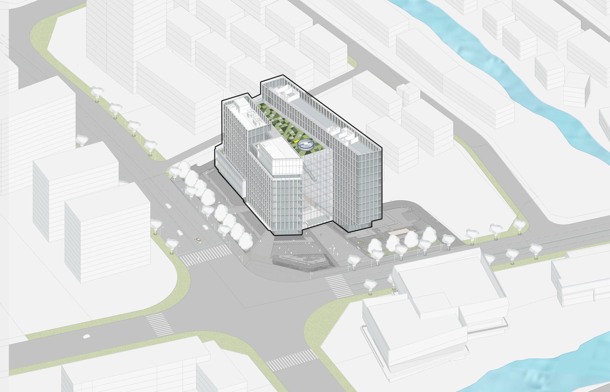 Axonometric drawing of an outlined office block with a planted roof garden, tree-lined streets and a river beside the site