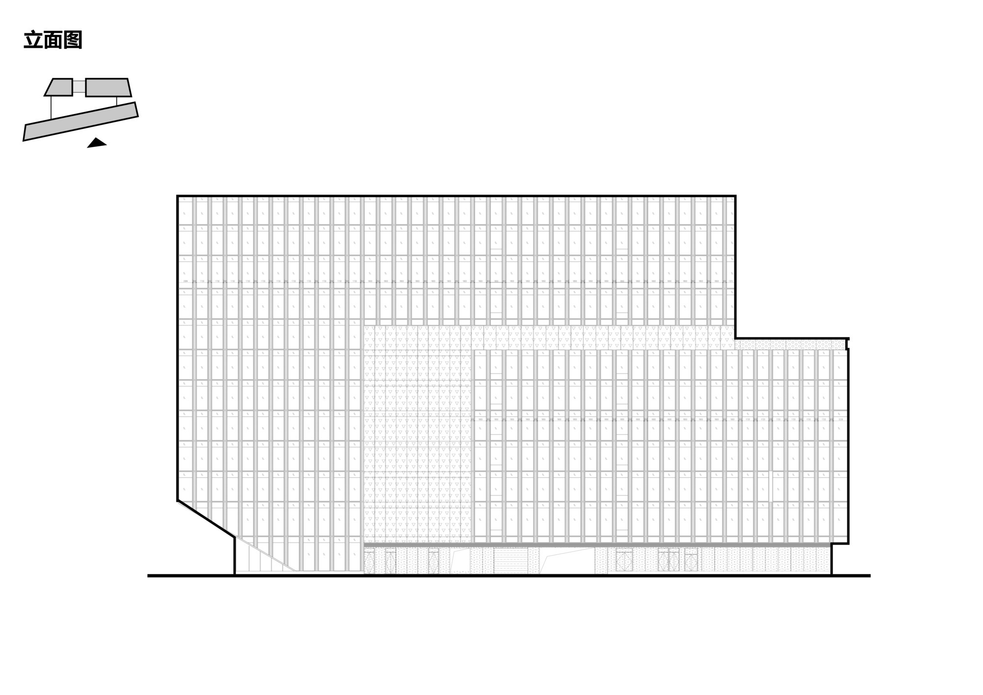 Elevation drawing of the facade, showing a rhythm of vertical fins across a stepped block with a recessed central bay