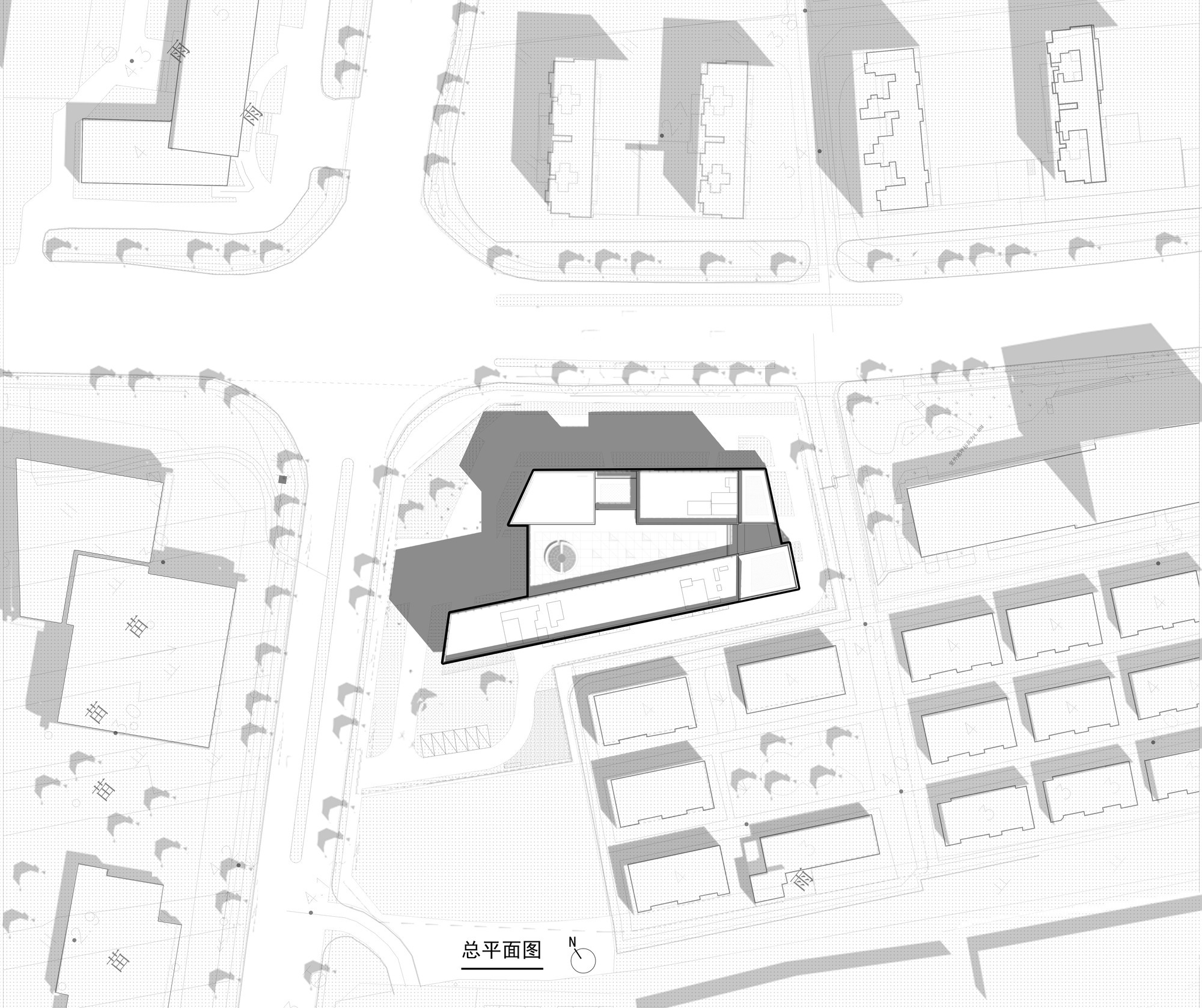 Site plan drawing showing the building's angled footprint among surrounding apartment blocks, with cast shadows and street trees